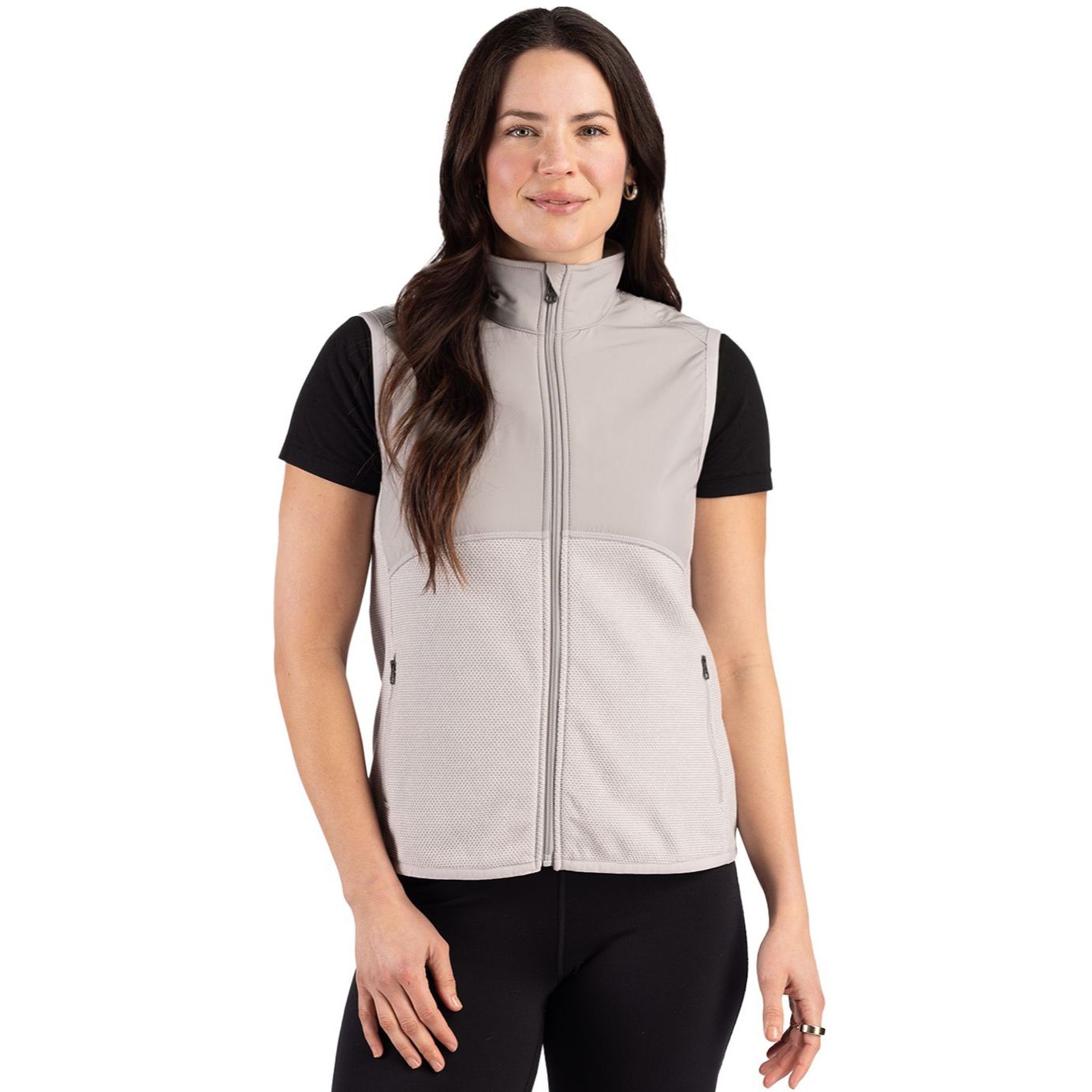 Polished Cutter & Buck women's recycled fleece full-zip vest featuring a jacquard textured finish, mock neck, and zip pockets made from recycled polyester.