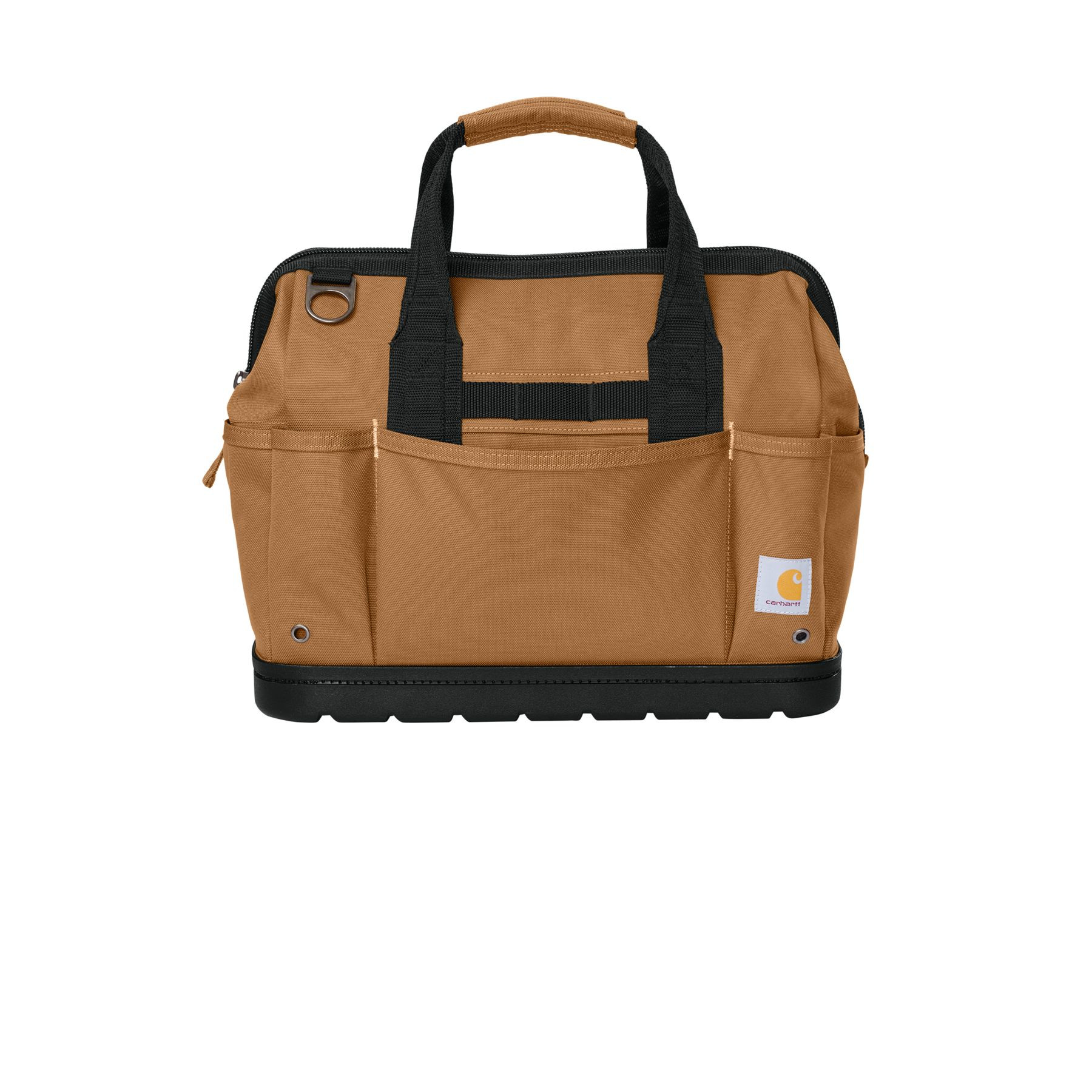 Carhartt Brown heavyweight polyester tool bag with a durable water-repellent finish, metal-frame main compartment, multiple exterior and interior pockets, dual haul handles, removable padded shoulder strap, and molded abrasion-resistant base.