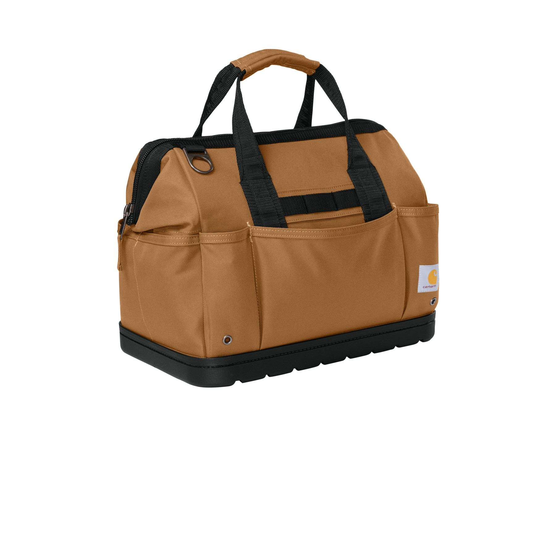 Carhartt Brown heavyweight polyester tool bag with a durable water-repellent finish, metal-frame main compartment, multiple exterior and interior pockets, dual haul handles, removable padded shoulder strap, and molded abrasion-resistant base.