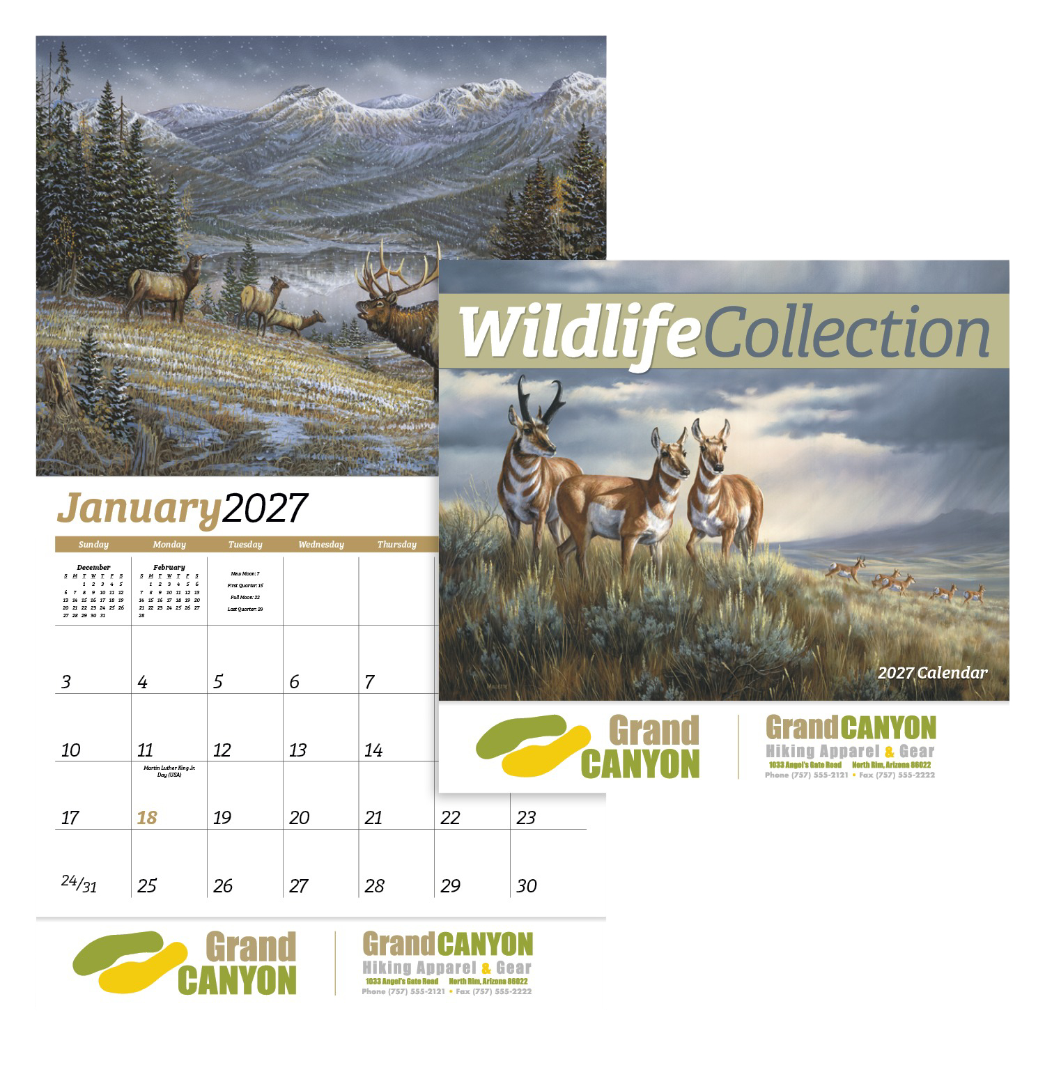 Wildlife Collection Stapled Calendar featuring full-color wildlife photography, glossy paper pages with a stapled binding, monthly calendar grids, and a nature-themed wall calendar design for home, office, and scheduling.