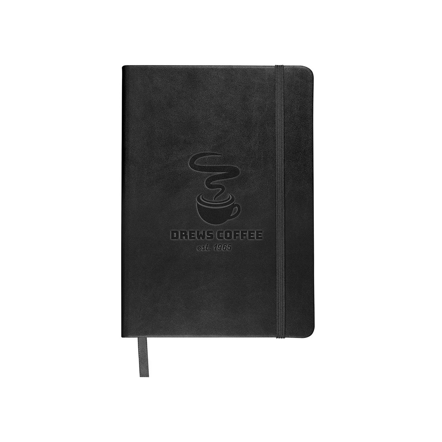 Black hardcover journal notebook with soft-touch faux leather cover, elastic closure band, ribbon bookmark, and document pocket.