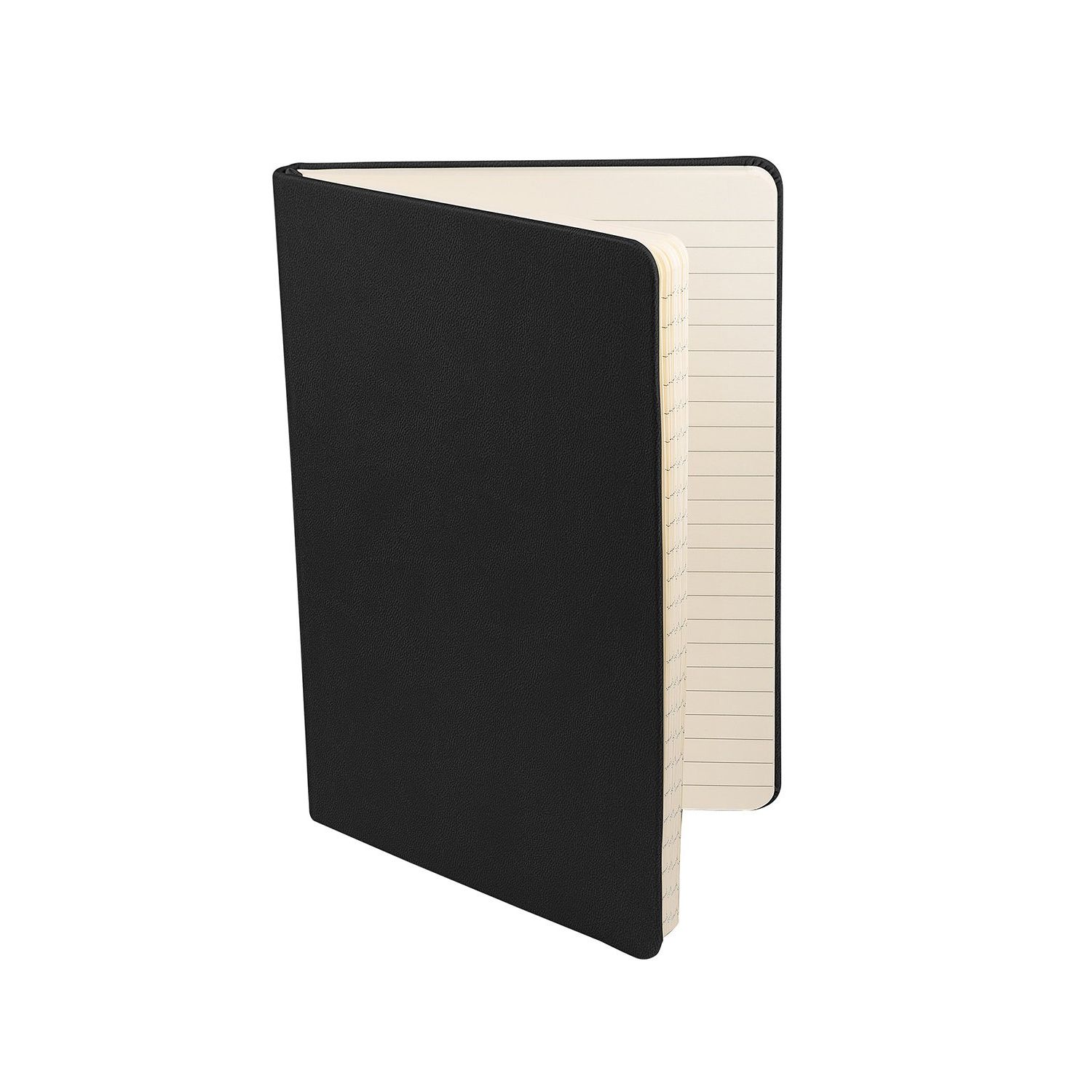 Black hardcover journal notebook with soft-touch faux leather cover, elastic closure band, ribbon bookmark, and document pocket.