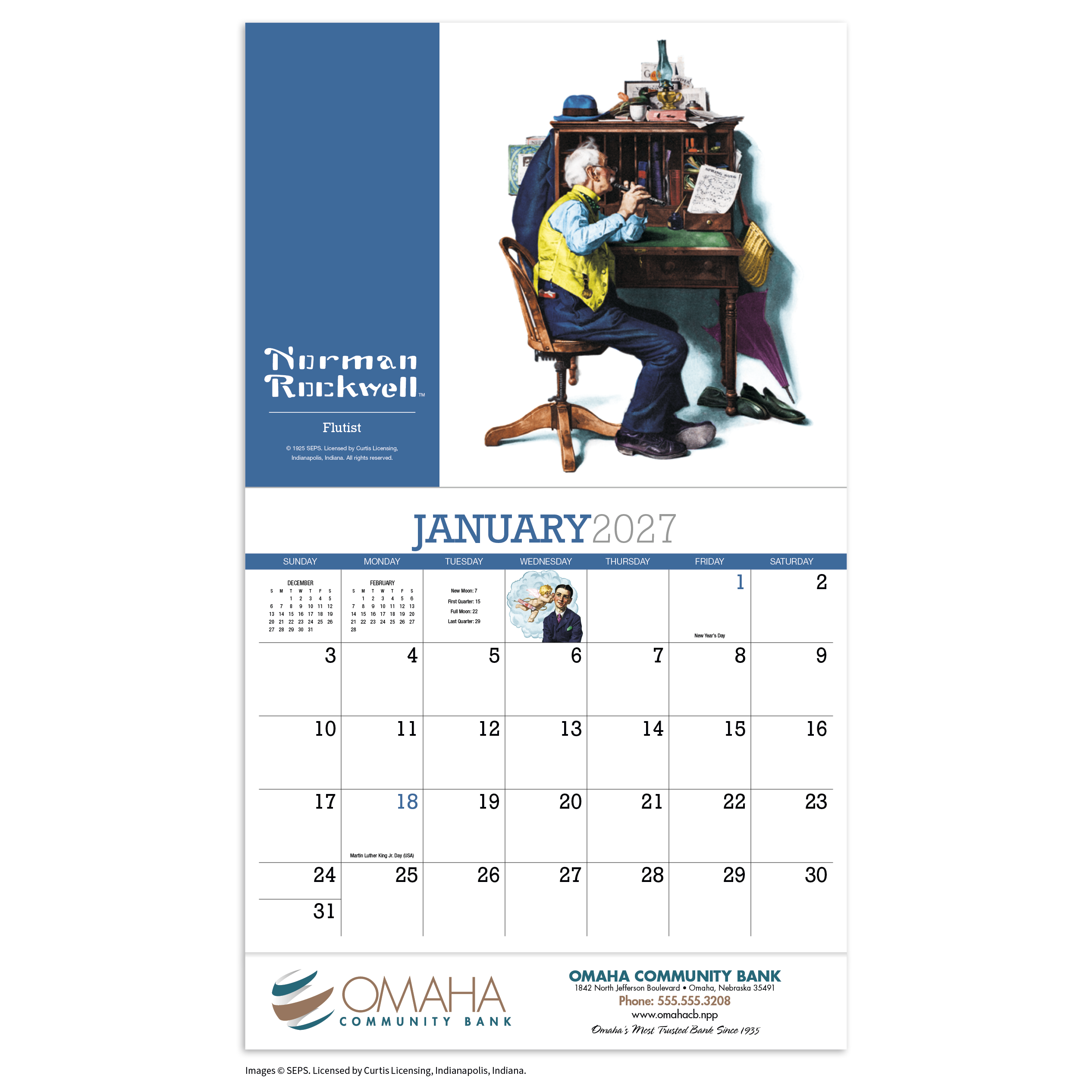 2027 Norman Rockwell appointment calendar with colorful vintage artwork, glossy UV-coated cover, stapled binding, and monthly appointment pages.