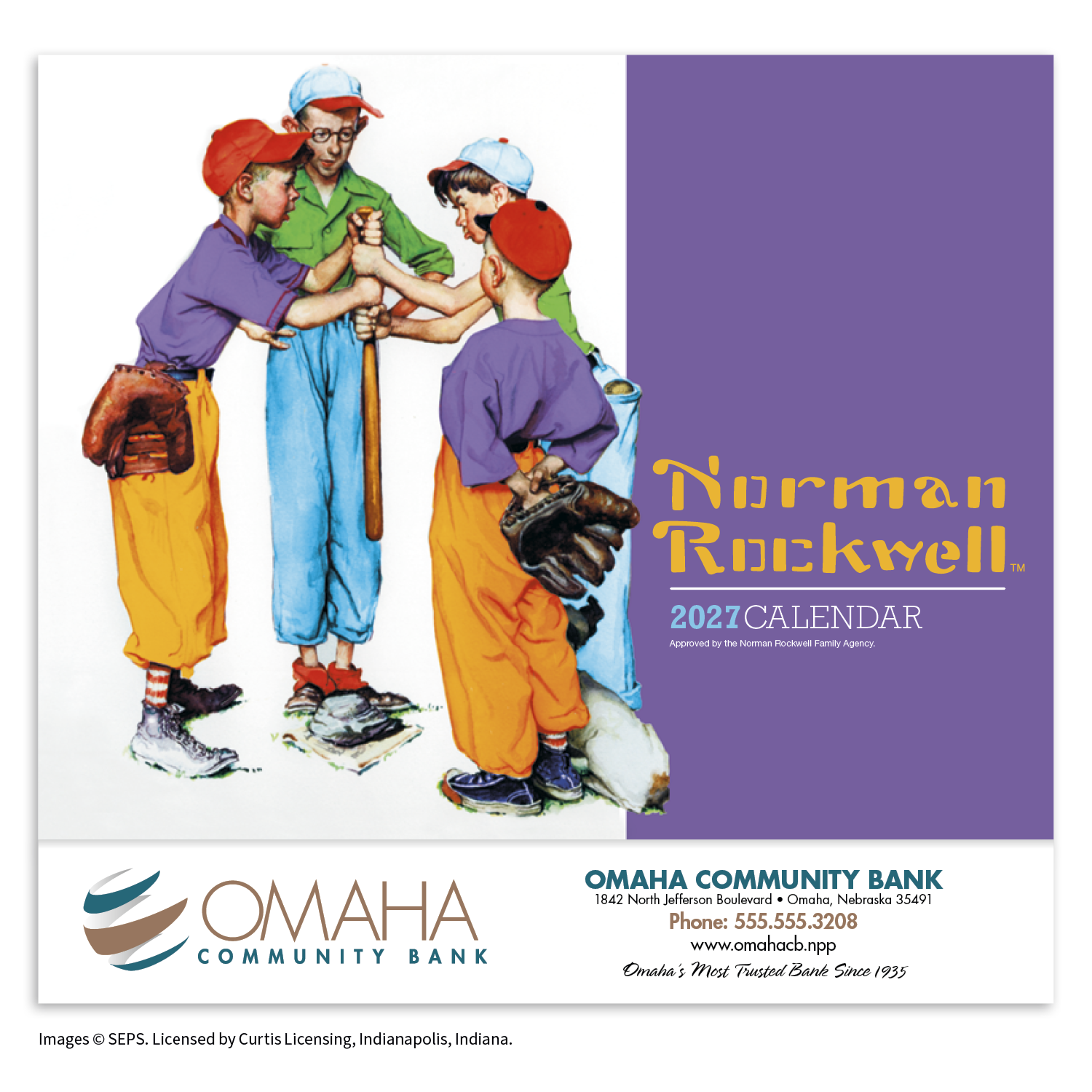 2027 Norman Rockwell appointment calendar with colorful vintage artwork, glossy UV-coated cover, stapled binding, and monthly appointment pages.