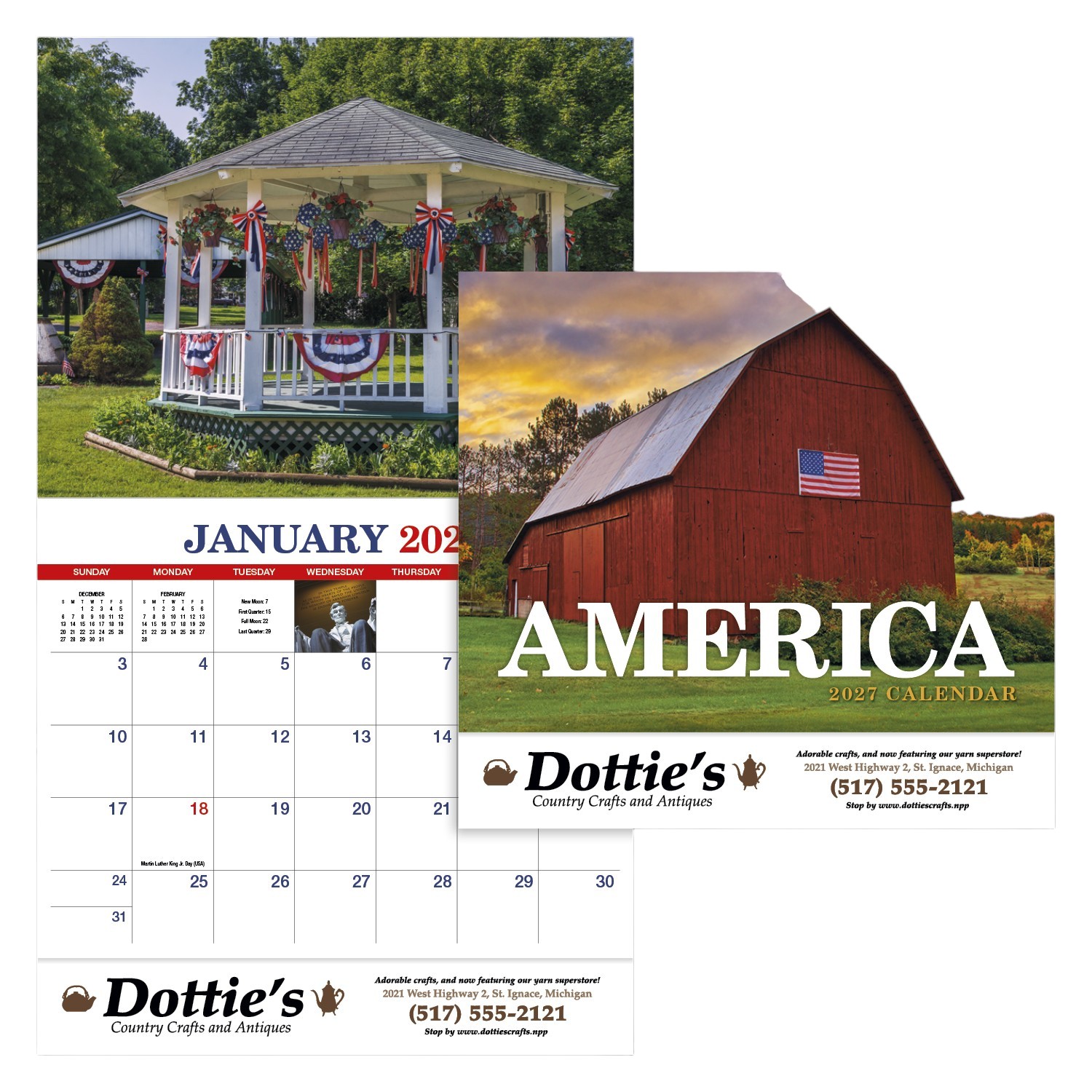 America Stapled Calendar featuring full-color patriotic landscapes and American landmarks, glossy paper pages with a stapled binding, monthly calendar grids, and a wall calendar design for home, office, and scheduling.