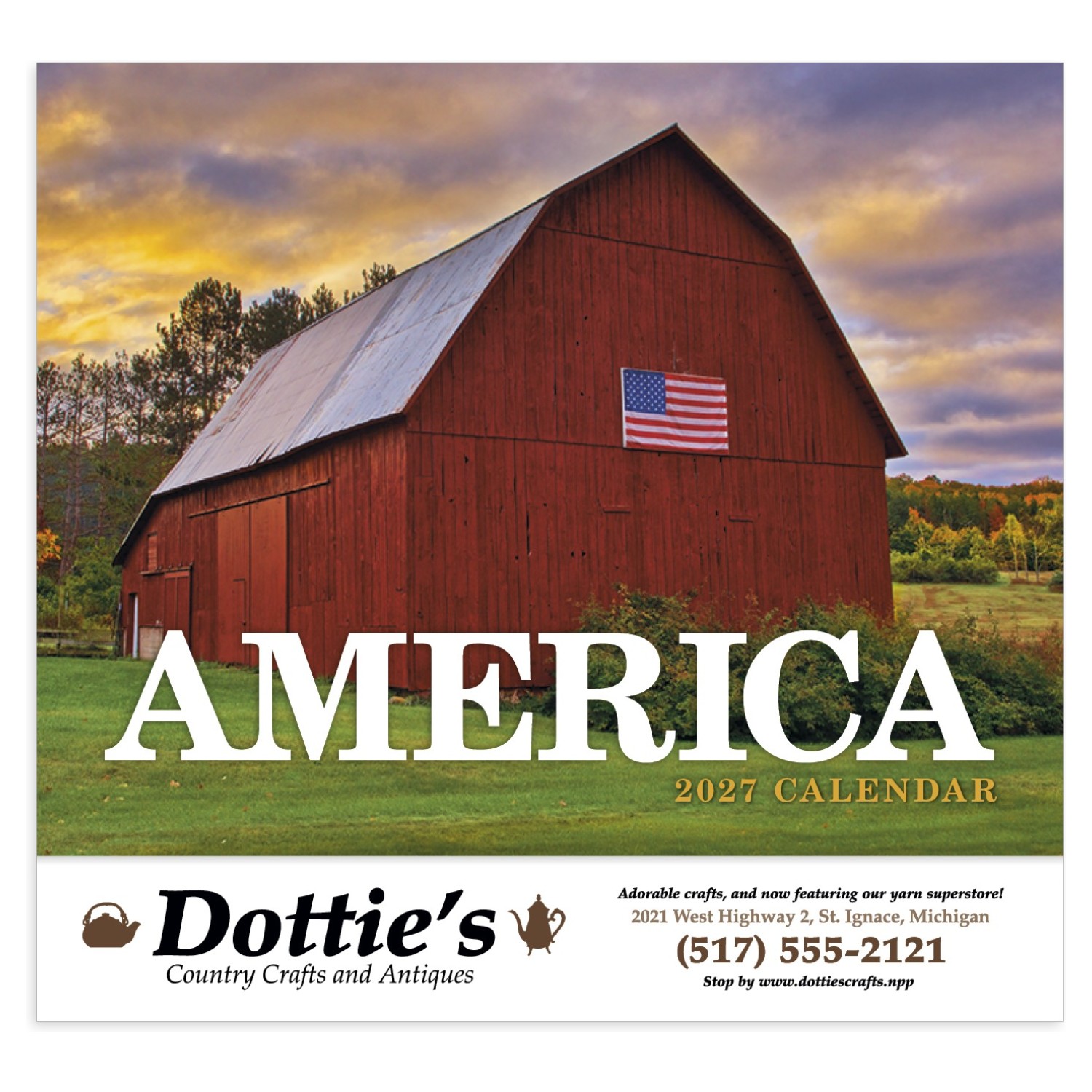 America Stapled Calendar featuring full-color patriotic landscapes and American landmarks, glossy paper pages with a stapled binding, monthly calendar grids, and a wall calendar design for home, office, and scheduling.