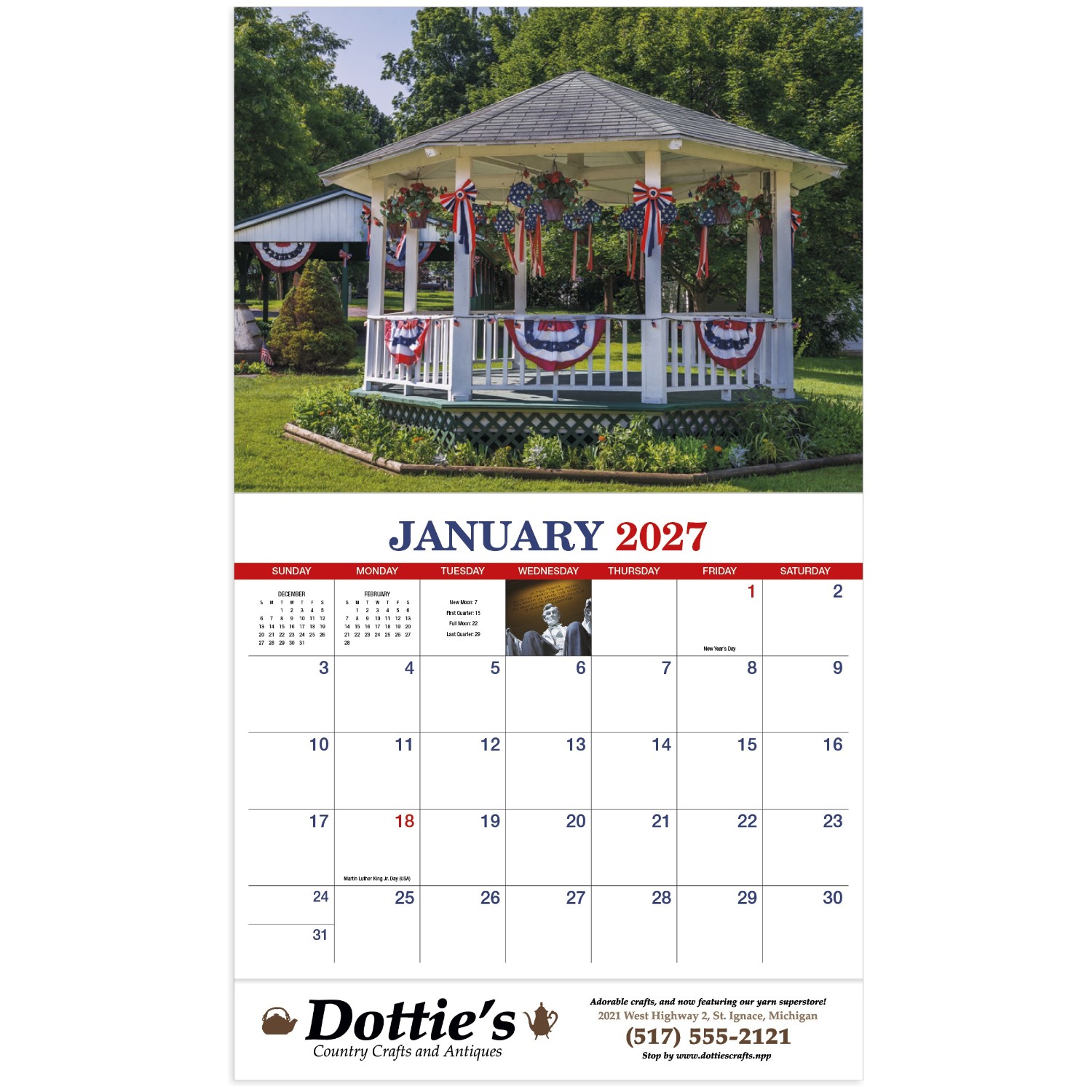 America Stapled Calendar featuring full-color patriotic landscapes and American landmarks, glossy paper pages with a stapled binding, monthly calendar grids, and a wall calendar design for home, office, and scheduling.