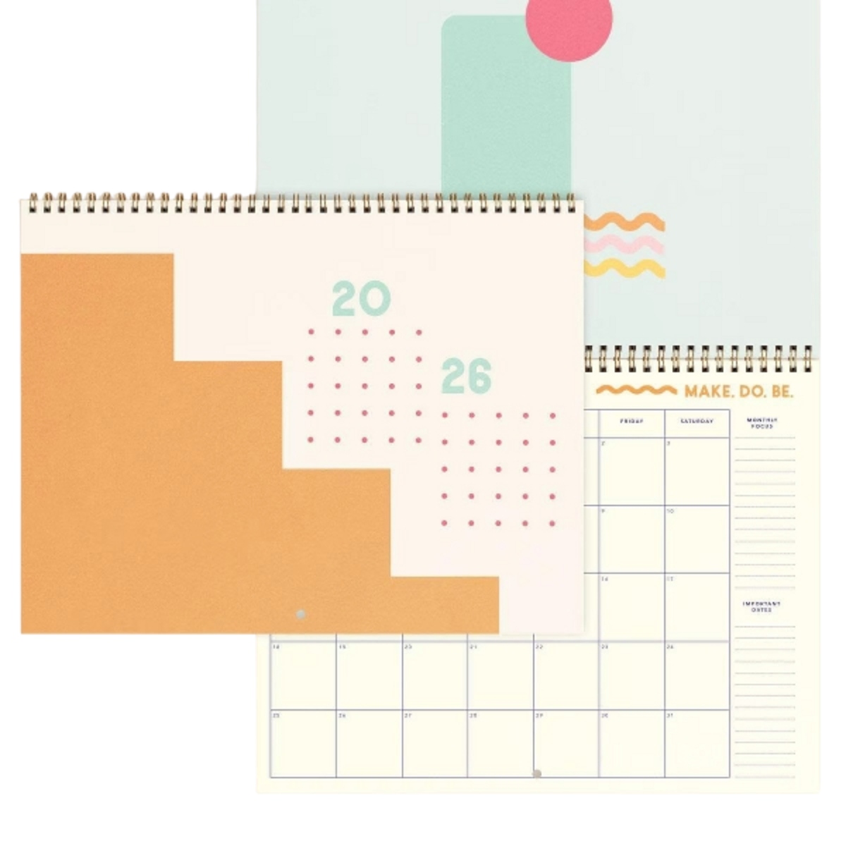 Large horizontal wall calendar with colored page edges and durable text-weight paper.