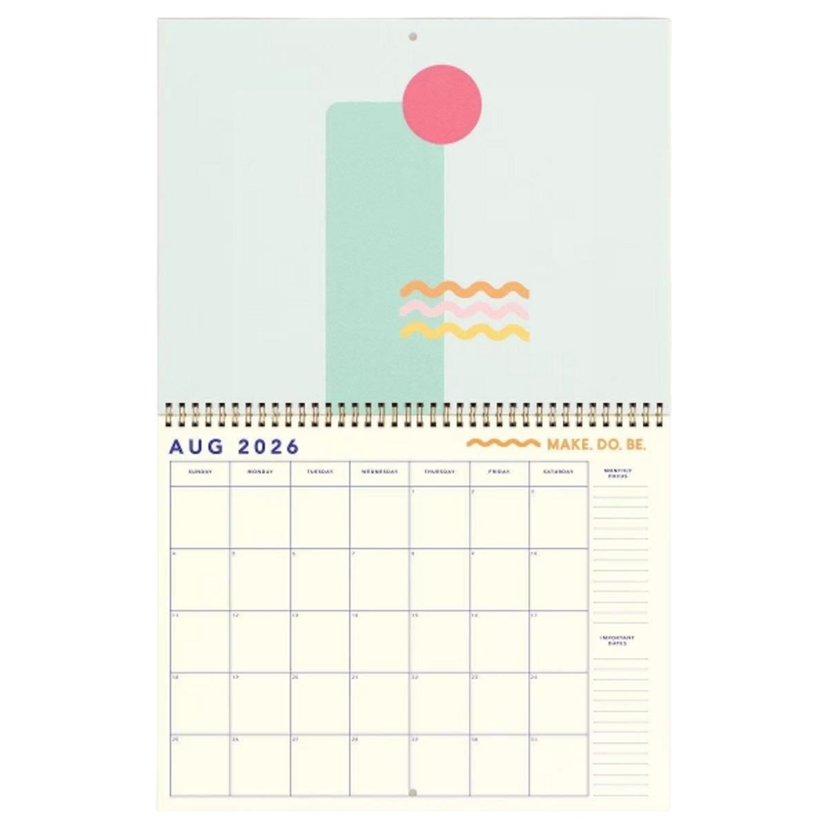 Large horizontal wall calendar with colored page edges and durable text-weight paper.