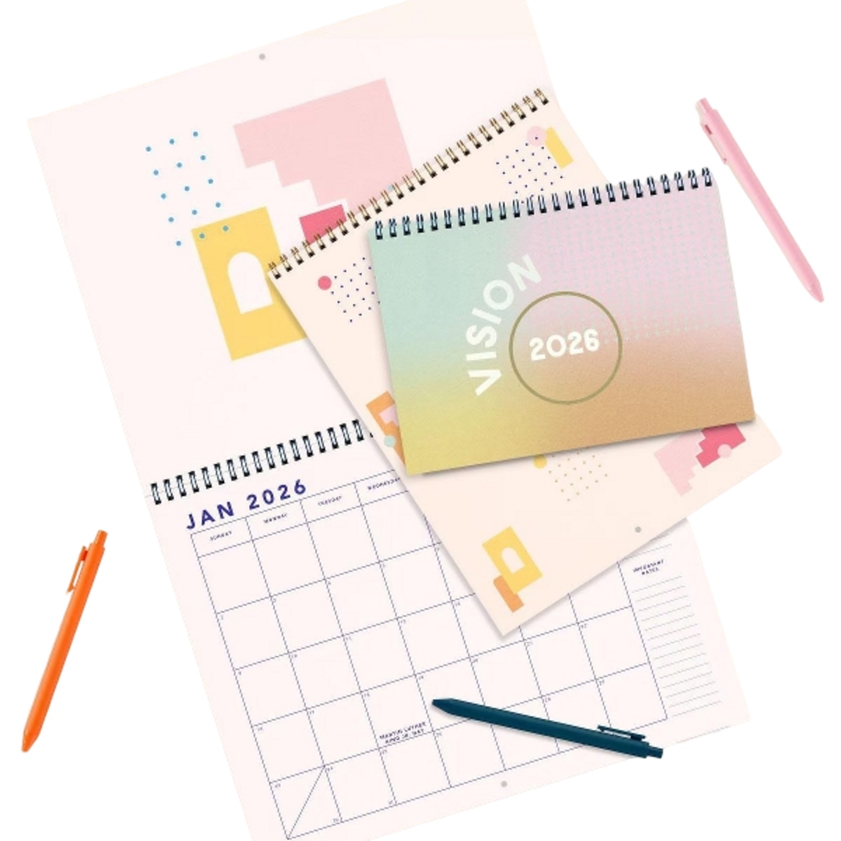 Large horizontal wall calendar with colored page edges and durable text-weight paper.