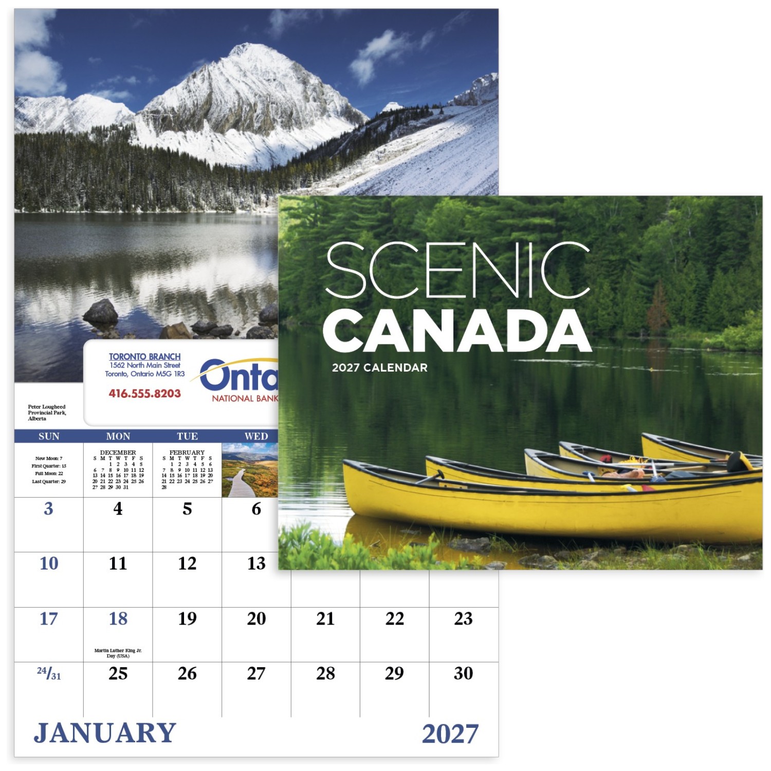 Scenic Canada Window Calendar featuring full-color Canadian landscapes, glossy paper pages with a monthly calendar grid and date-view window, designed as a wall calendar for home, office, and scheduling.