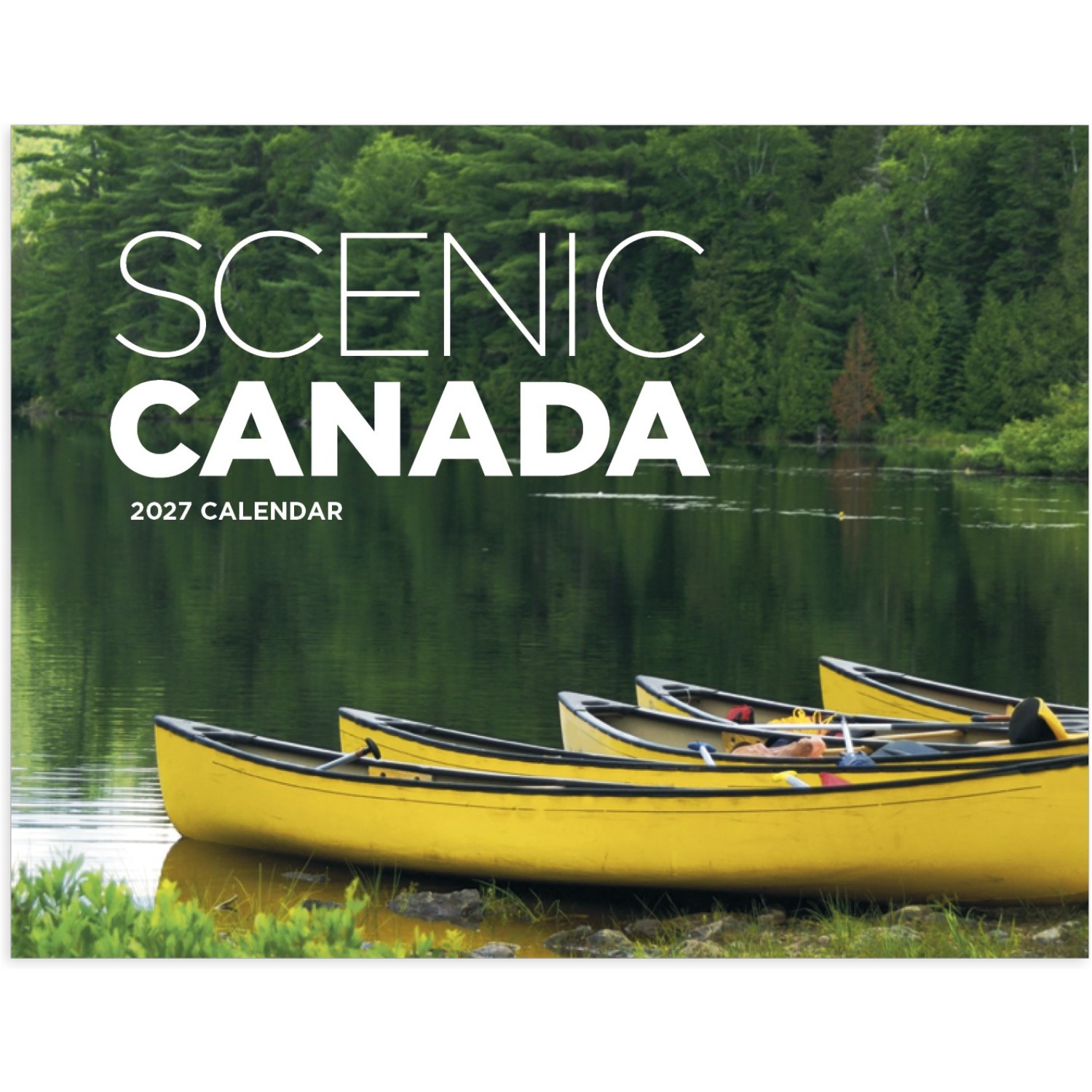 Scenic Canada Window Calendar featuring full-color Canadian landscapes, glossy paper pages with a monthly calendar grid and date-view window, designed as a wall calendar for home, office, and scheduling.