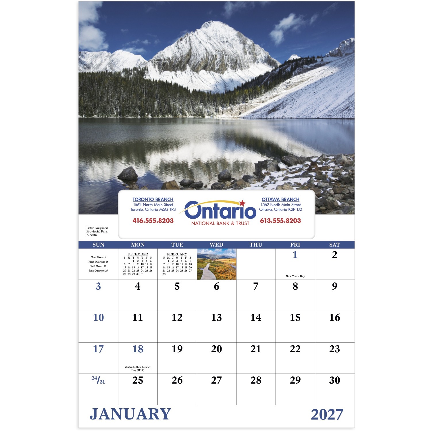 Scenic Canada Window Calendar featuring full-color Canadian landscapes, glossy paper pages with a monthly calendar grid and date-view window, designed as a wall calendar for home, office, and scheduling.