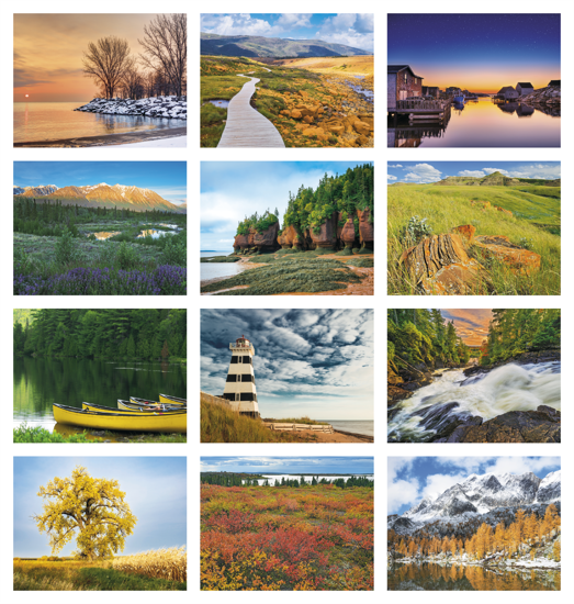 Scenic Canada Window Calendar featuring full-color Canadian landscapes, glossy paper pages with a monthly calendar grid and date-view window, designed as a wall calendar for home, office, and scheduling.