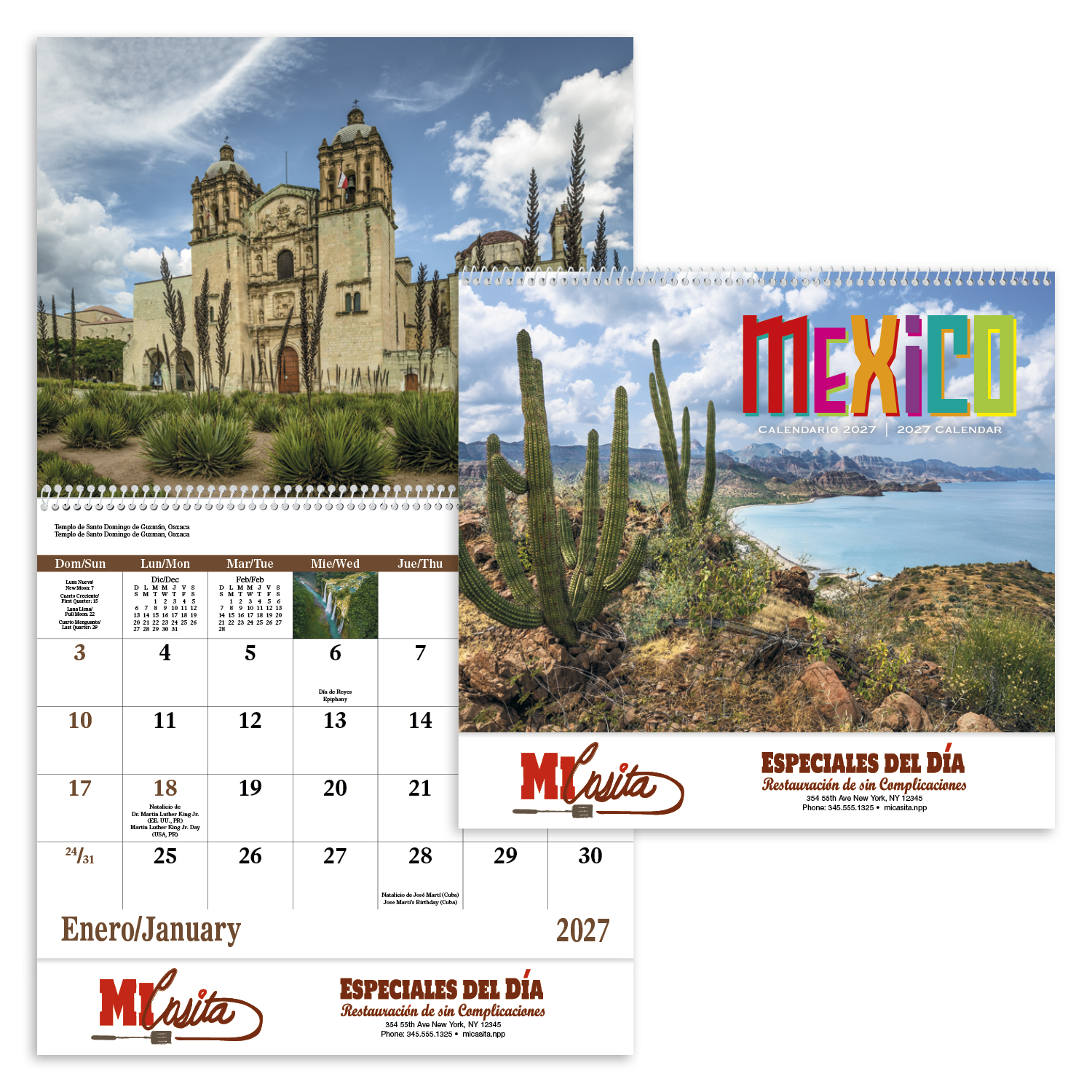 Spanish and English spiral-bound appointment calendar featuring colorful monthly artwork, glossy UV-coated cover, and bilingual date grids.