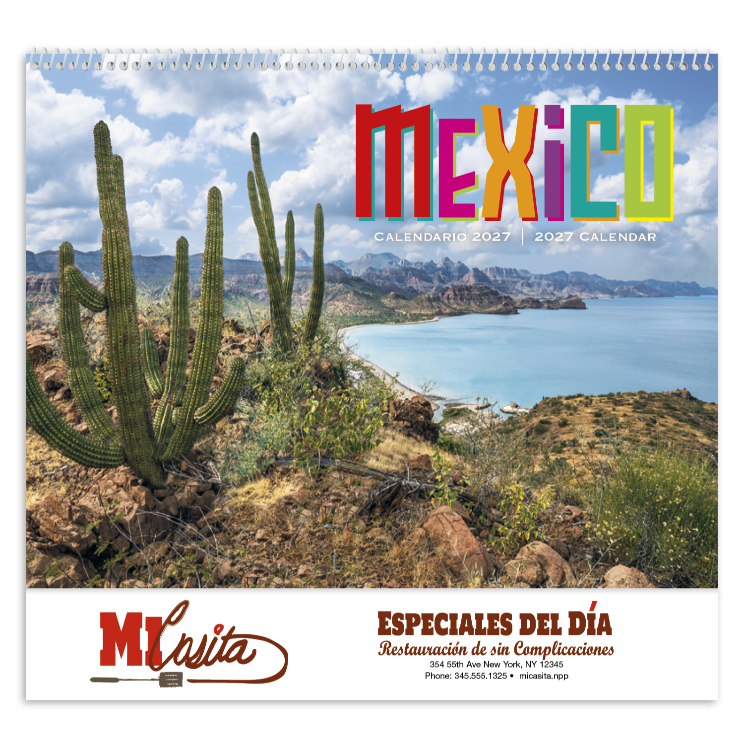 Spanish and English spiral-bound appointment calendar featuring colorful monthly artwork, glossy UV-coated cover, and bilingual date grids.