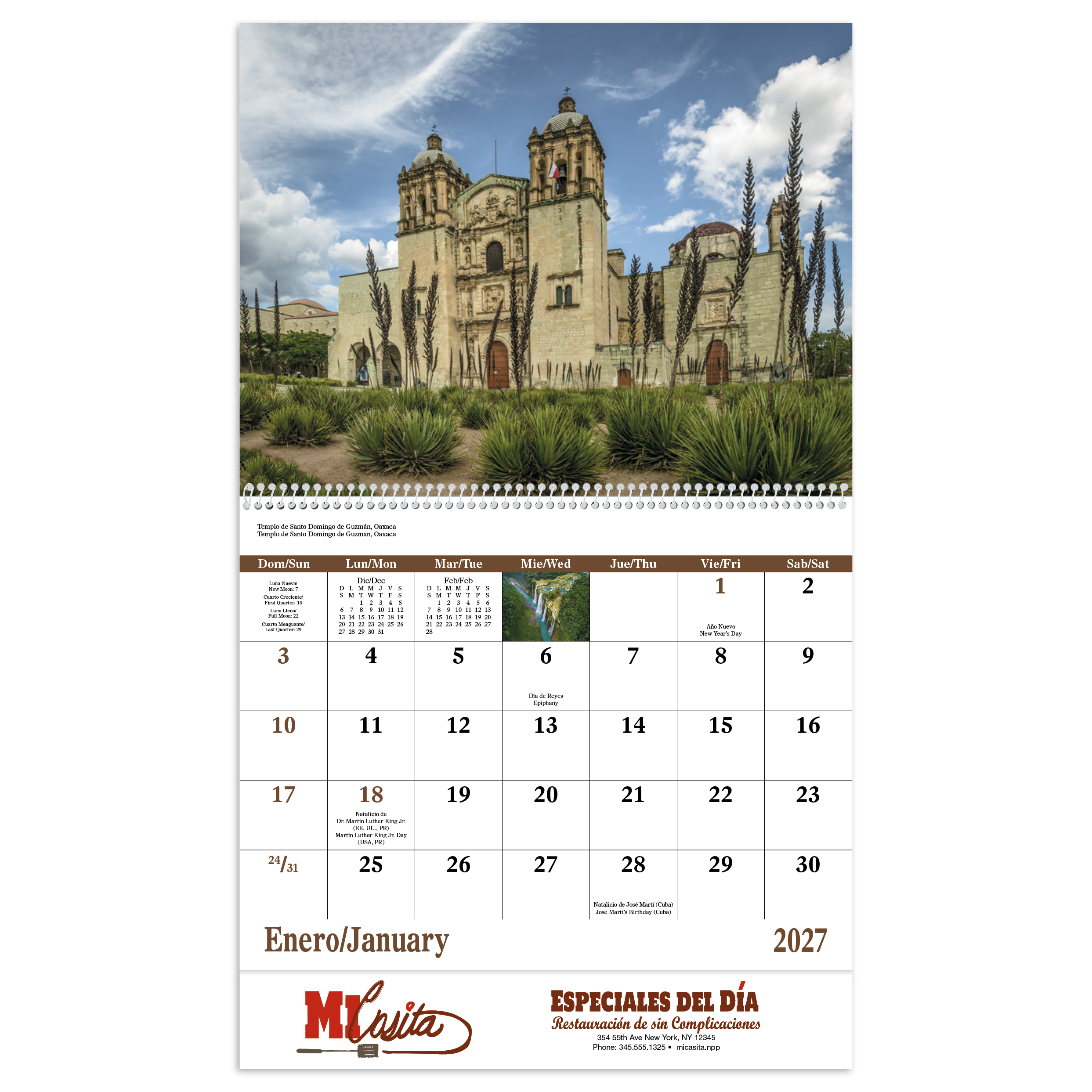 Spanish and English spiral-bound appointment calendar featuring colorful monthly artwork, glossy UV-coated cover, and bilingual date grids.