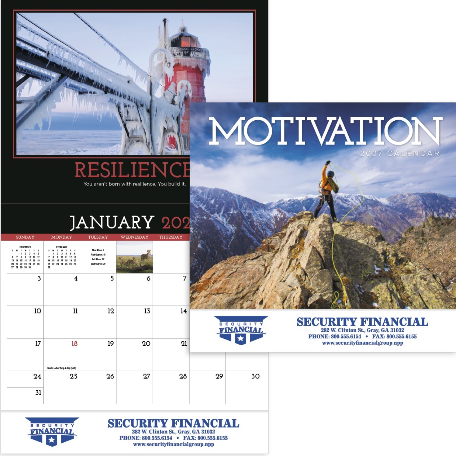 Motivation Stapled Calendar with Motivational Quotes featuring full-color inspirational imagery, uplifting quotes, glossy paper pages with a stapled binding, and monthly calendar grids for home, office, and scheduling.