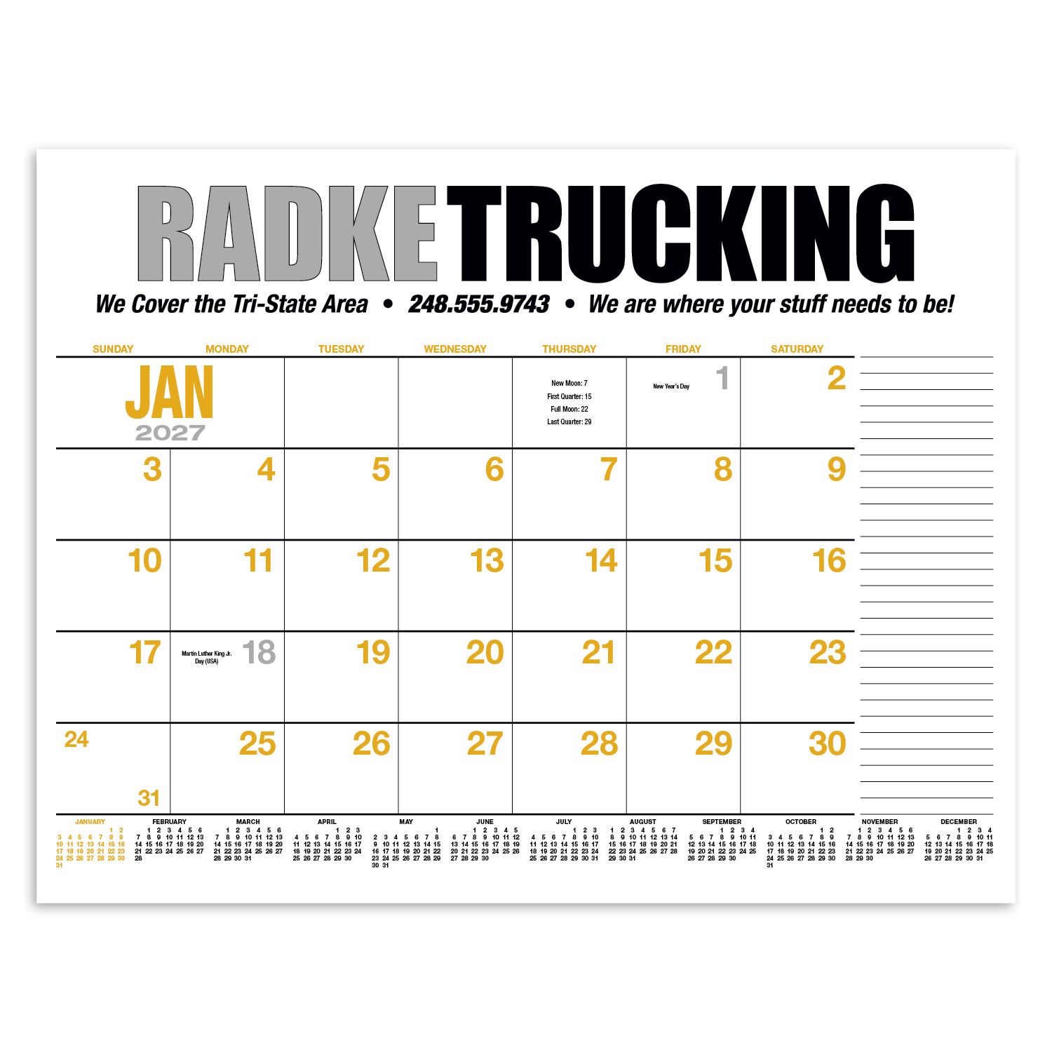 2027 desk pad calendar with large monthly planning layout printed on responsibly sourced SFI-certified paper for organizing appointments, schedules, and projects.