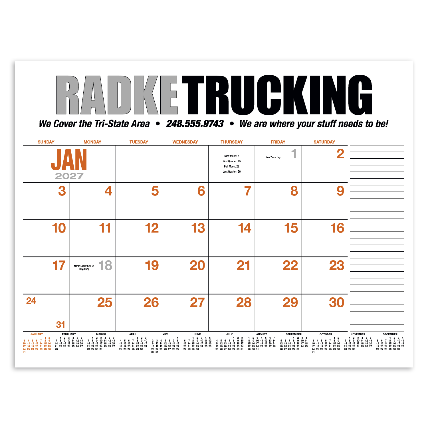 2027 desk pad calendar with large monthly planning layout printed on responsibly sourced SFI-certified paper for organizing appointments, schedules, and projects.
