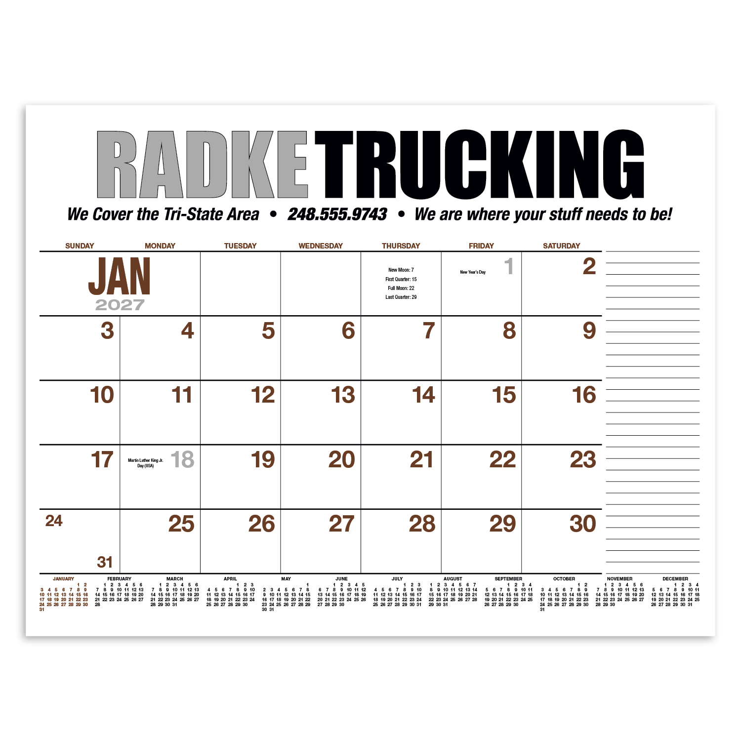 2027 desk pad calendar with large monthly planning layout printed on responsibly sourced SFI-certified paper for organizing appointments, schedules, and projects.