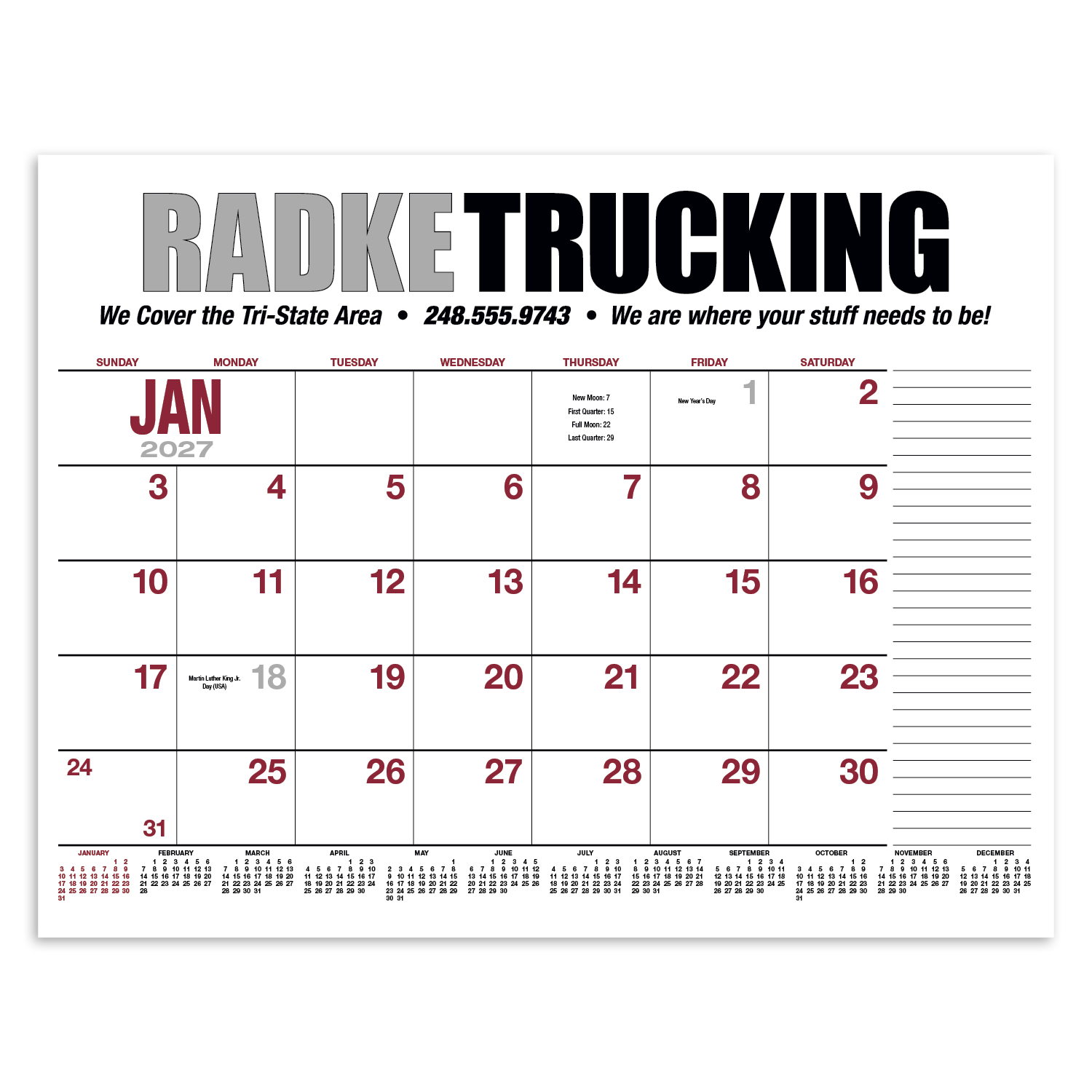 2027 desk pad calendar with large monthly planning layout printed on responsibly sourced SFI-certified paper for organizing appointments, schedules, and projects.