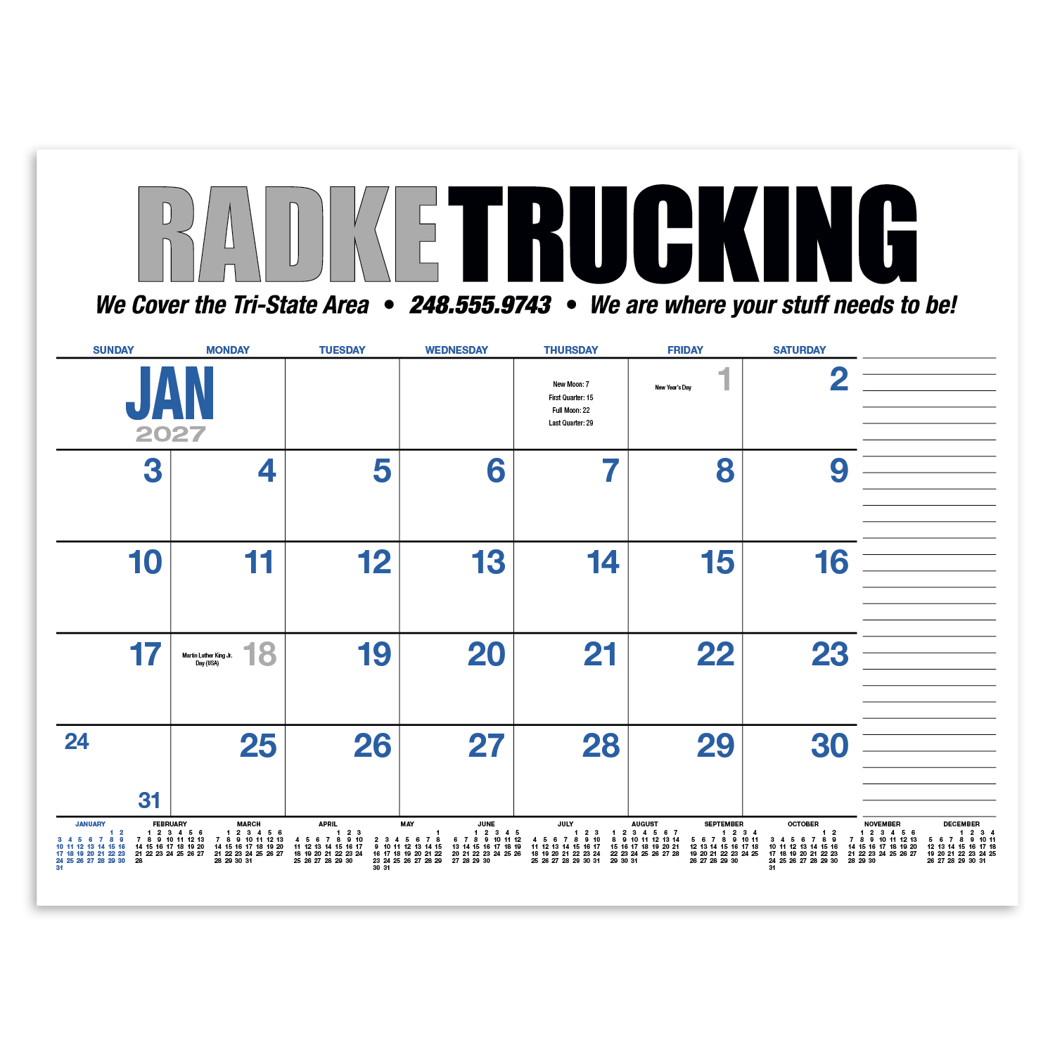 2027 desk pad calendar with large monthly planning layout printed on responsibly sourced SFI-certified paper for organizing appointments, schedules, and projects.