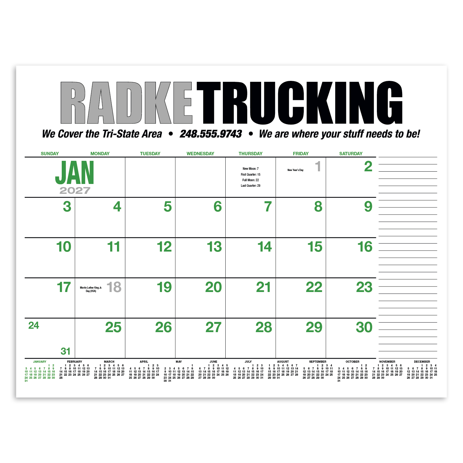 2027 desk pad calendar with large monthly planning layout printed on responsibly sourced SFI-certified paper for organizing appointments, schedules, and projects.