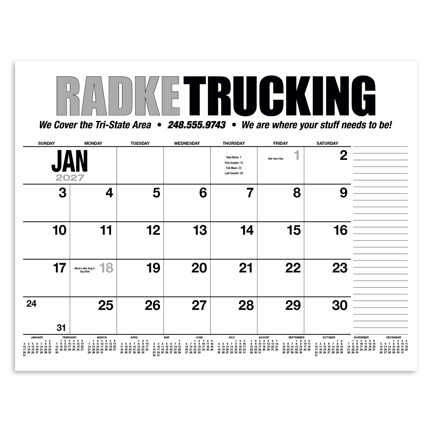 2027 desk pad calendar with large monthly planning layout printed on responsibly sourced SFI-certified paper for organizing appointments, schedules, and projects.