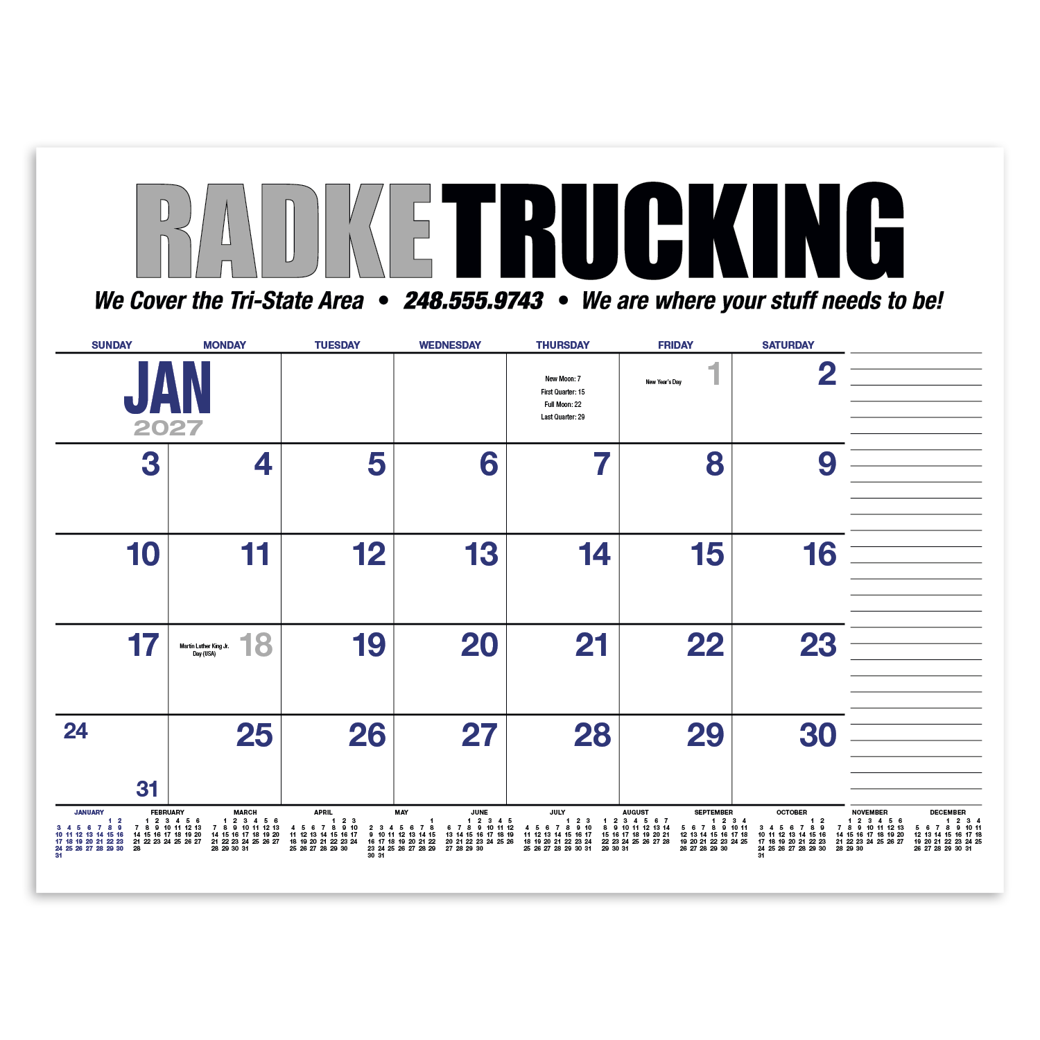 2027 desk pad calendar with large monthly planning layout printed on responsibly sourced SFI-certified paper for organizing appointments, schedules, and projects.