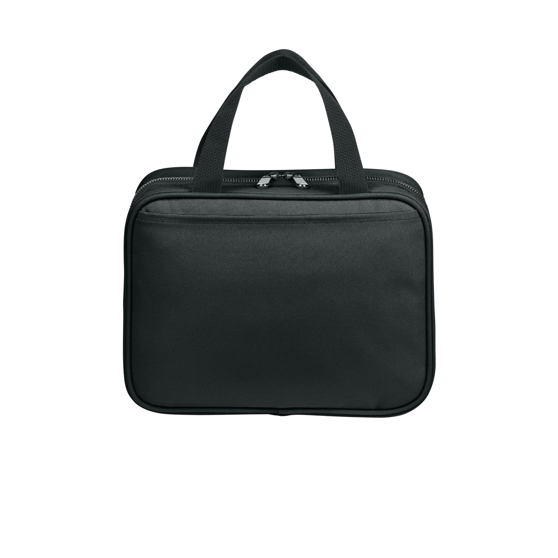 Deep Black Port Authority Matte Oxford Hanging Travel Case, durable matte oxford travel organizer with a hanging hook, zippered compartments, carry handle, and multiple storage pockets for toiletries and travel essentials.