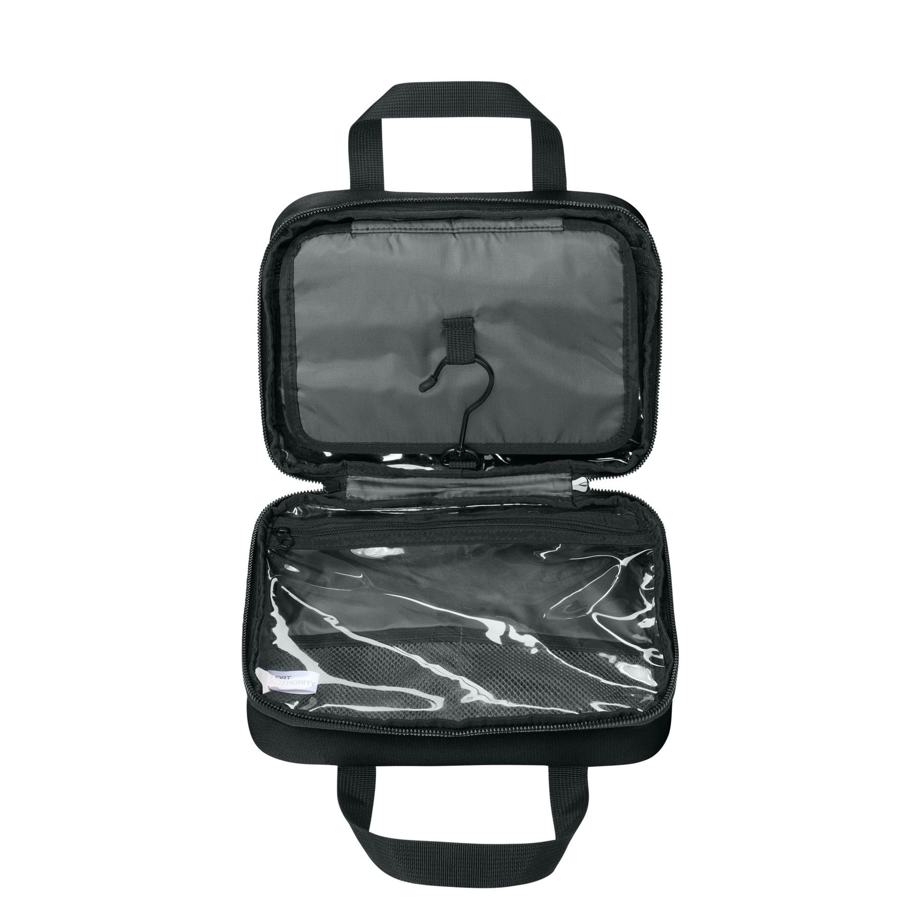 Deep Black Port Authority Matte Oxford Hanging Travel Case, durable matte oxford travel organizer with a hanging hook, zippered compartments, carry handle, and multiple storage pockets for toiletries and travel essentials.