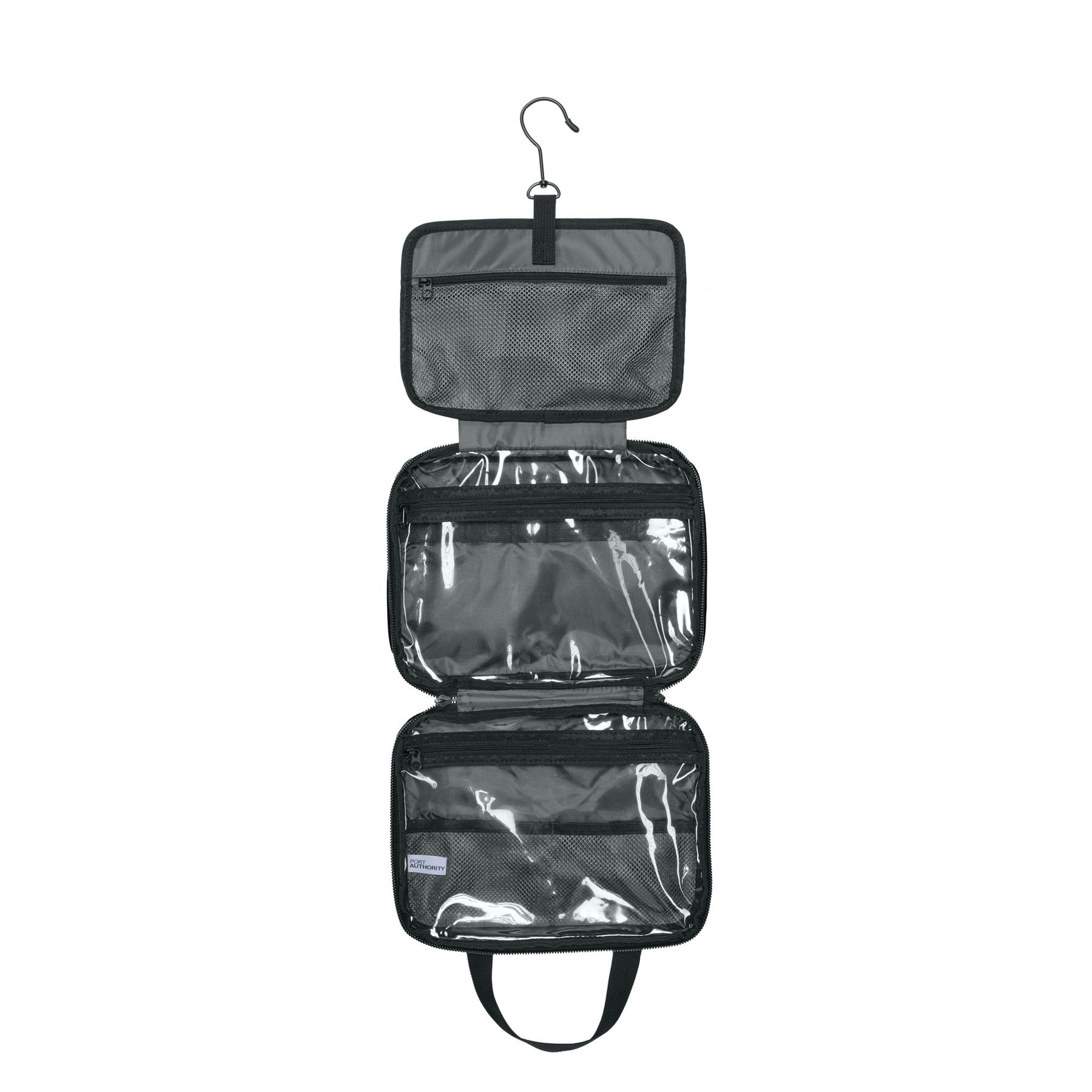 Deep Black Port Authority Matte Oxford Hanging Travel Case, durable matte oxford travel organizer with a hanging hook, zippered compartments, carry handle, and multiple storage pockets for toiletries and travel essentials.