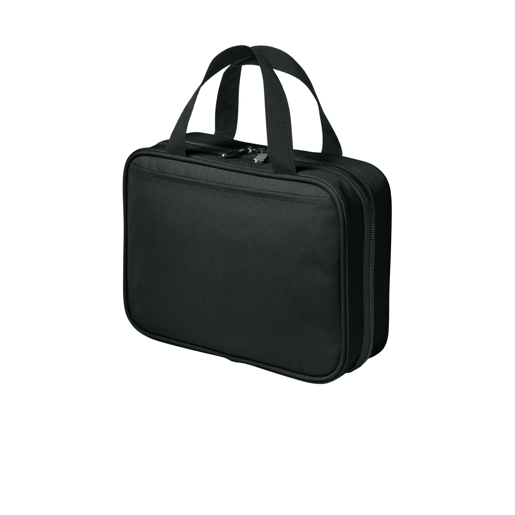 Deep Black Port Authority Matte Oxford Hanging Travel Case, durable matte oxford travel organizer with a hanging hook, zippered compartments, carry handle, and multiple storage pockets for toiletries and travel essentials.