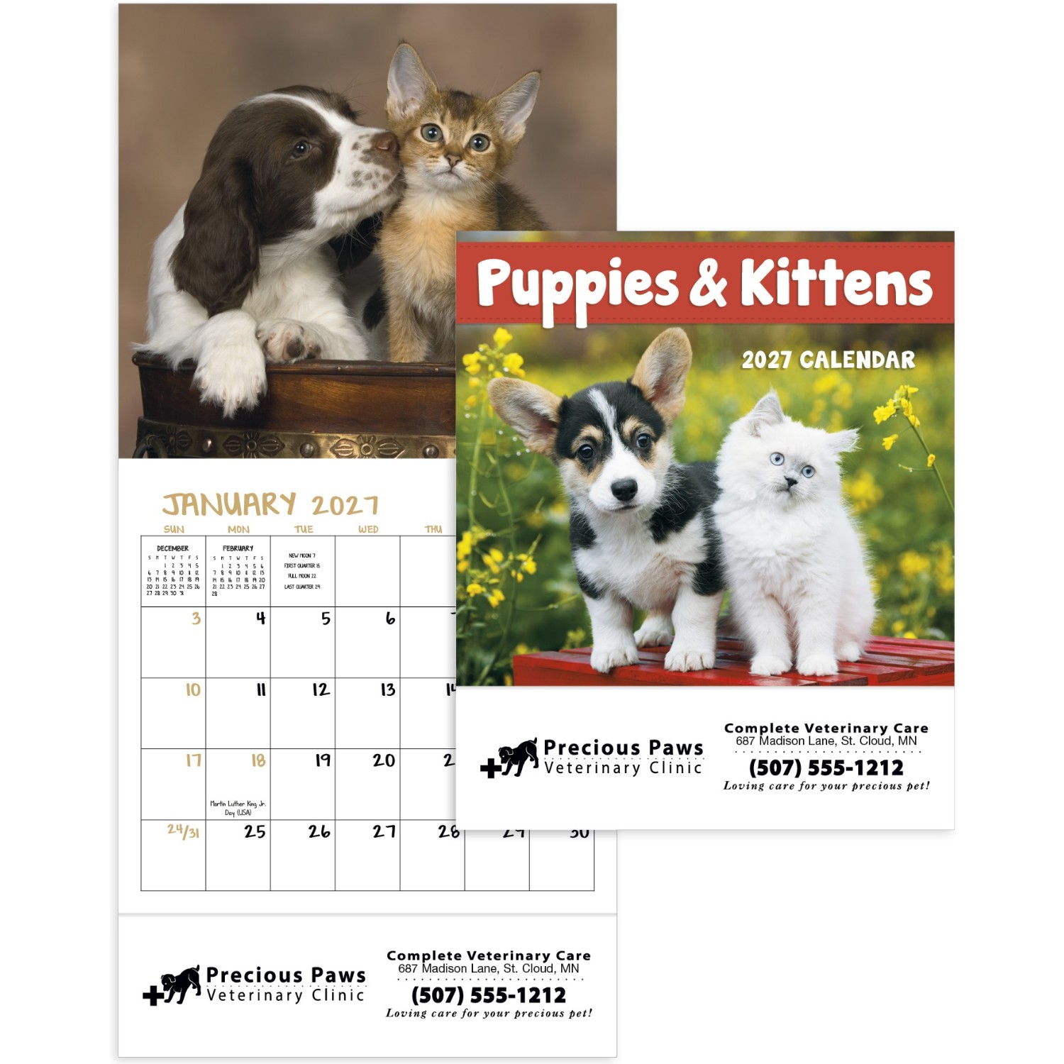 Puppies & Kittens Mini Stapled Calendar featuring photographs of adorable puppies and kittens, glossy paper pages with a stapled binding, monthly calendar grids, and a compact wall calendar design for home, office, and scheduling.