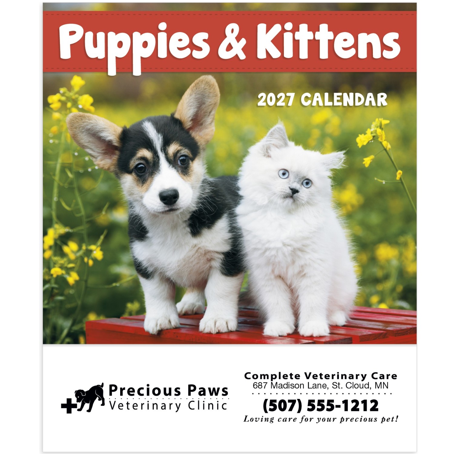 Puppies & Kittens Mini Stapled Calendar featuring photographs of adorable puppies and kittens, glossy paper pages with a stapled binding, monthly calendar grids, and a compact wall calendar design for home, office, and scheduling.
