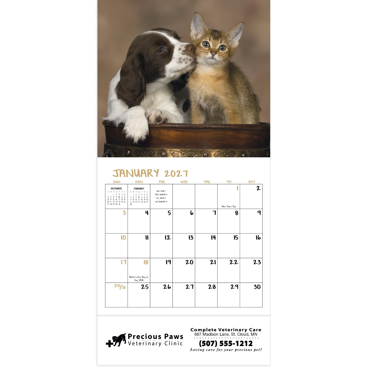 Puppies & Kittens Mini Stapled Calendar featuring photographs of adorable puppies and kittens, glossy paper pages with a stapled binding, monthly calendar grids, and a compact wall calendar design for home, office, and scheduling.