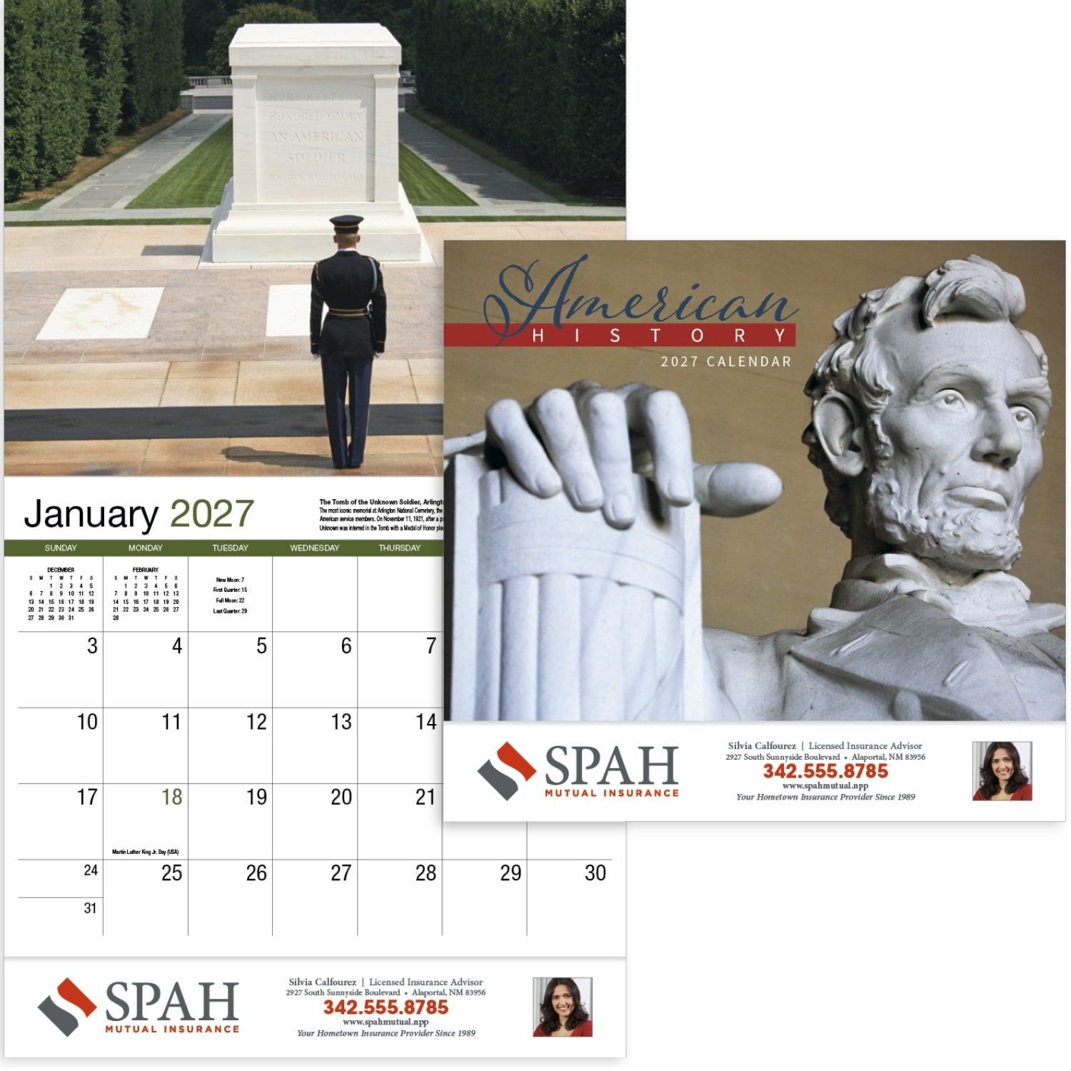 American History Stapled Calendar featuring images of iconic American historical landmarks and monuments, glossy paper pages with a stapled binding, monthly calendar grids, and a wall calendar design for home, office, and scheduling.