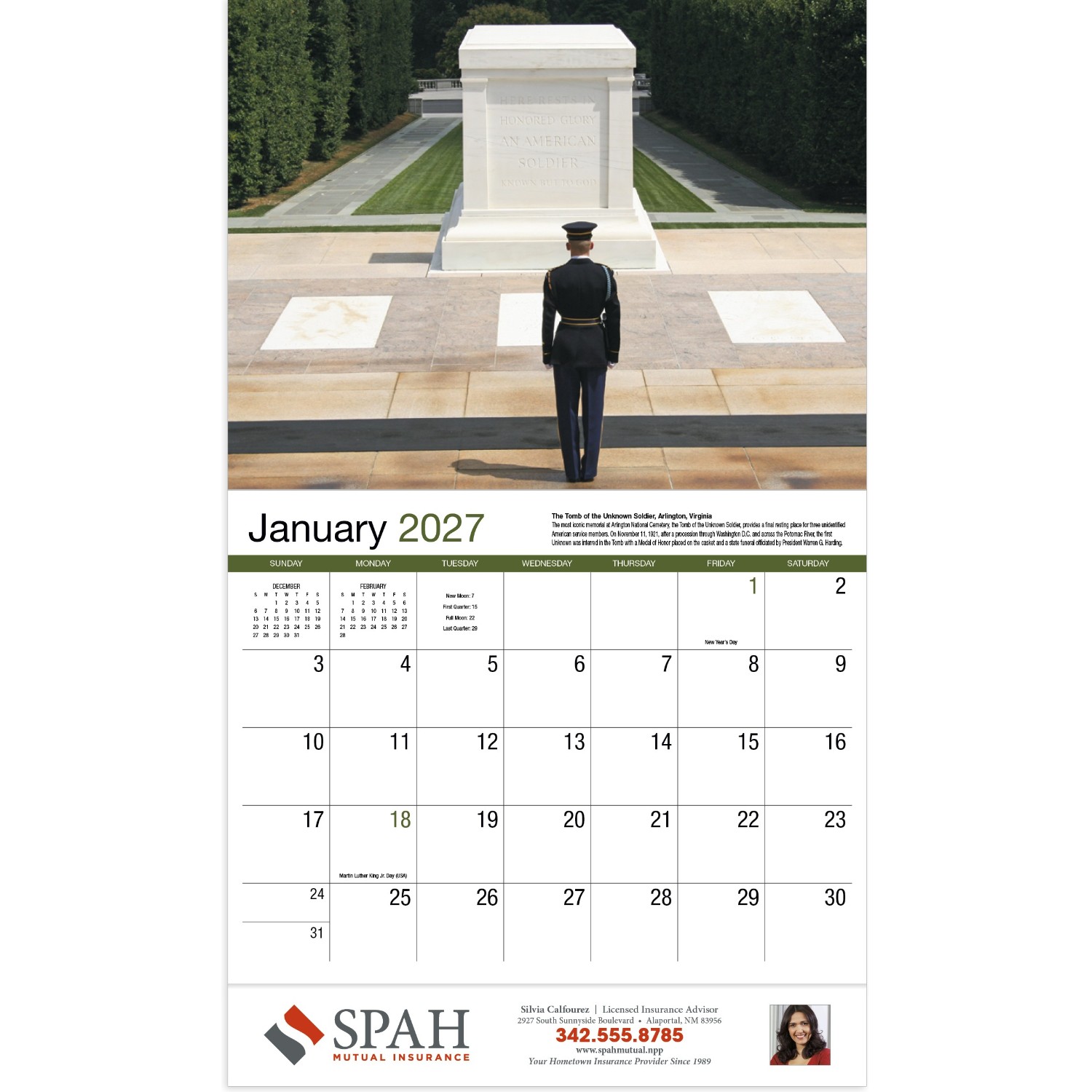American History Stapled Calendar featuring images of iconic American historical landmarks and monuments, glossy paper pages with a stapled binding, monthly calendar grids, and a wall calendar design for home, office, and scheduling.