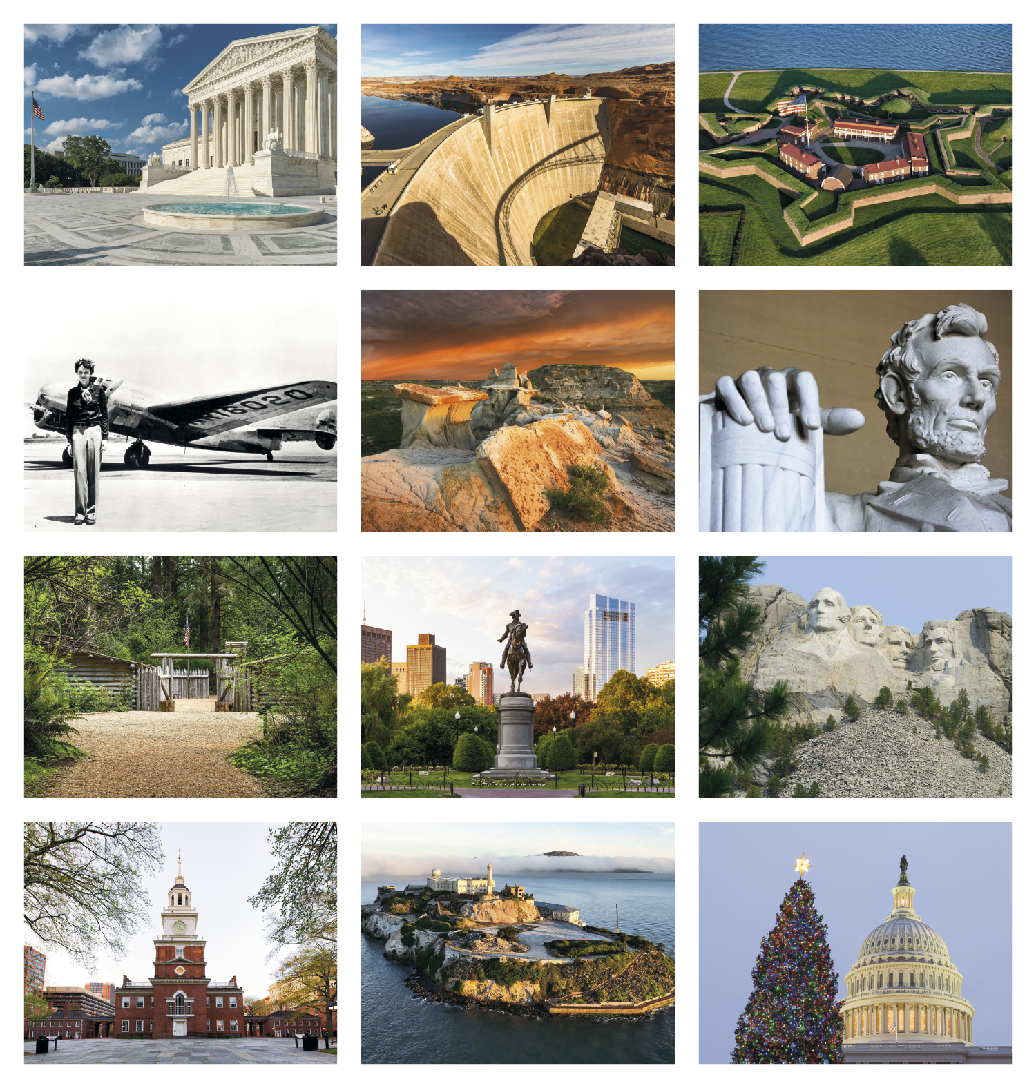 American History Stapled Calendar featuring images of iconic American historical landmarks and monuments, glossy paper pages with a stapled binding, monthly calendar grids, and a wall calendar design for home, office, and scheduling.