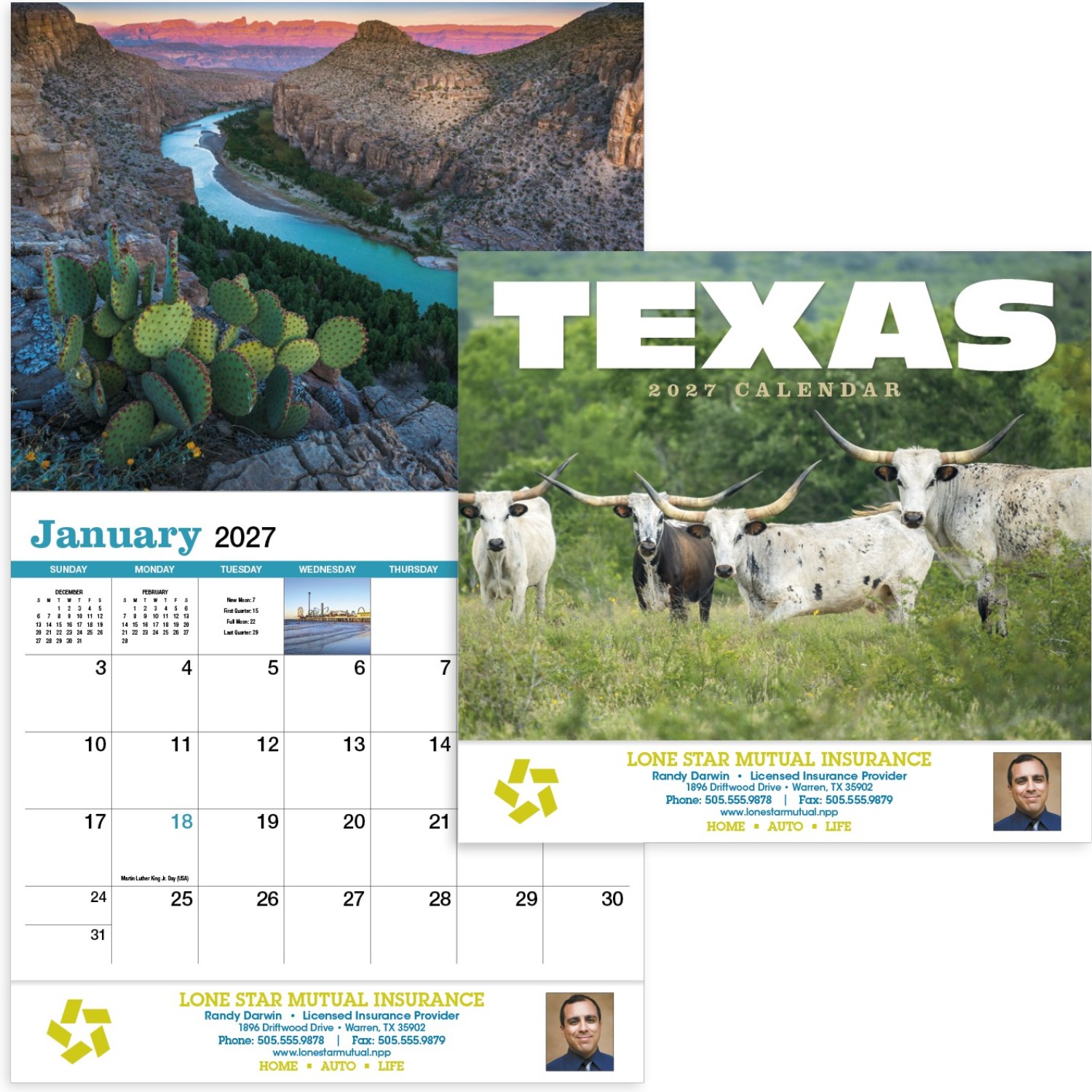 Texas Stapled Calendar featuring photographs of Texas landscapes and landmarks, glossy paper pages with a stapled binding, monthly calendar grids, and a wall calendar design for home, office, and scheduling.