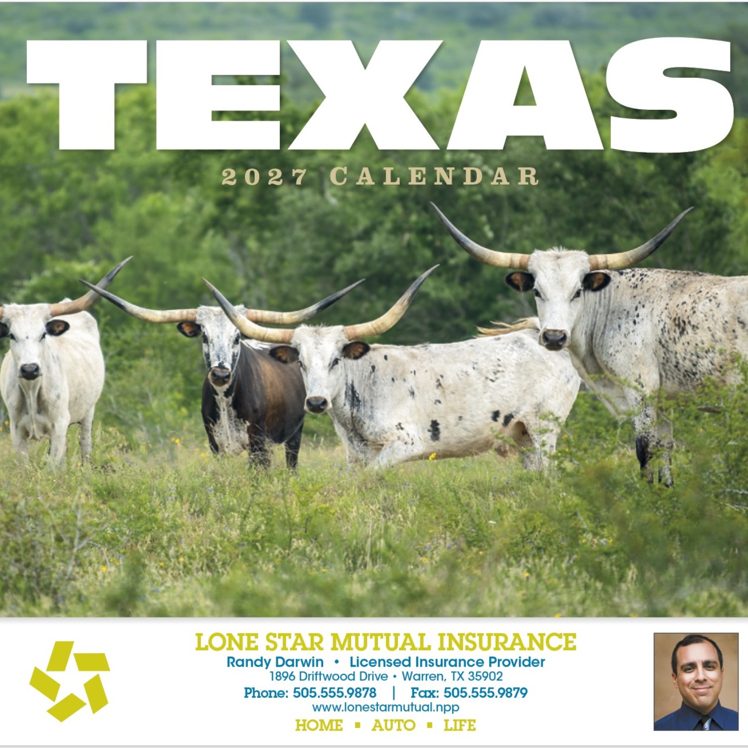 Texas Stapled Calendar featuring photographs of Texas landscapes and landmarks, glossy paper pages with a stapled binding, monthly calendar grids, and a wall calendar design for home, office, and scheduling.