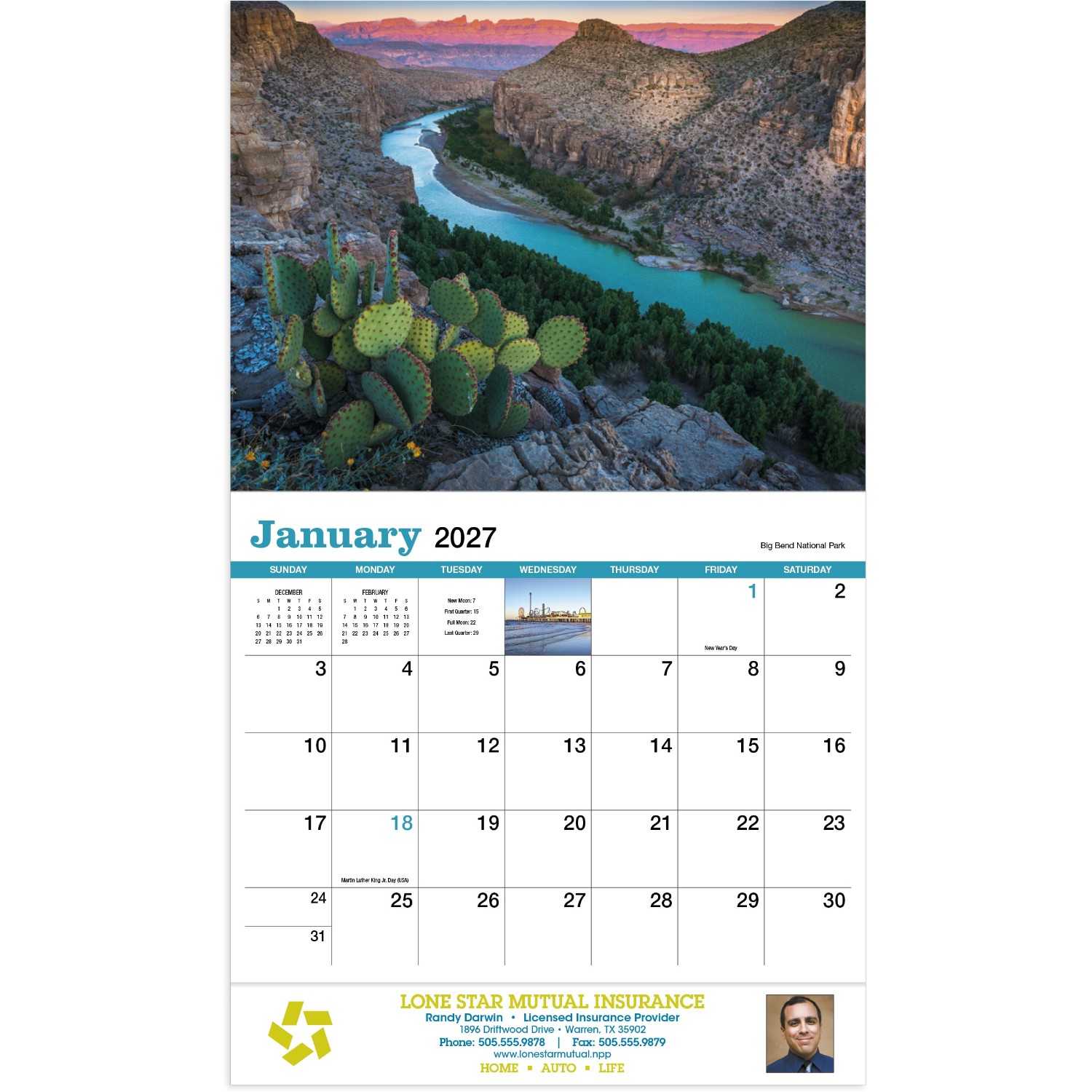 Texas Stapled Calendar featuring photographs of Texas landscapes and landmarks, glossy paper pages with a stapled binding, monthly calendar grids, and a wall calendar design for home, office, and scheduling.