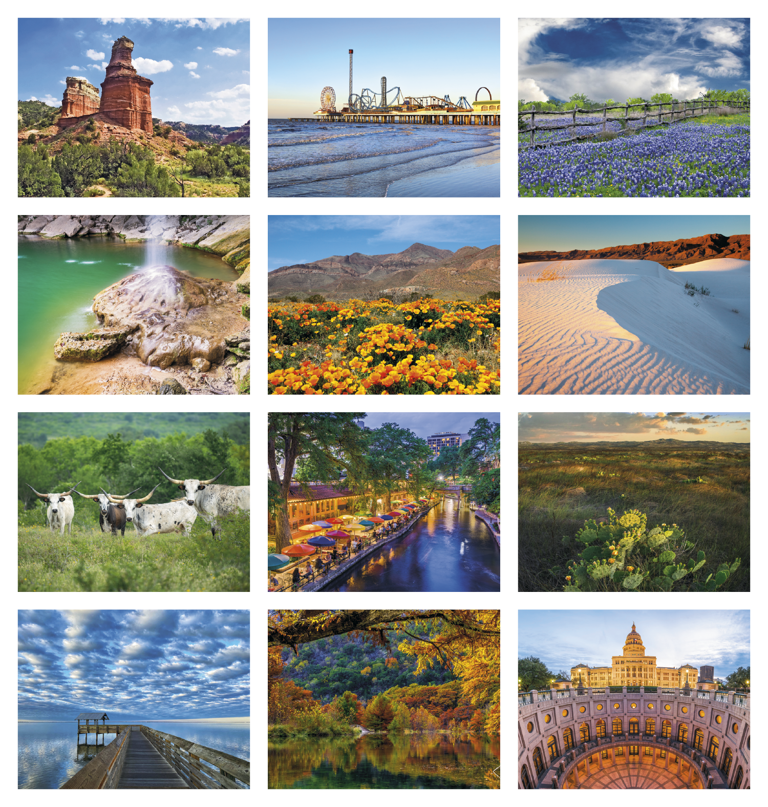 Texas Stapled Calendar featuring photographs of Texas landscapes and landmarks, glossy paper pages with a stapled binding, monthly calendar grids, and a wall calendar design for home, office, and scheduling.