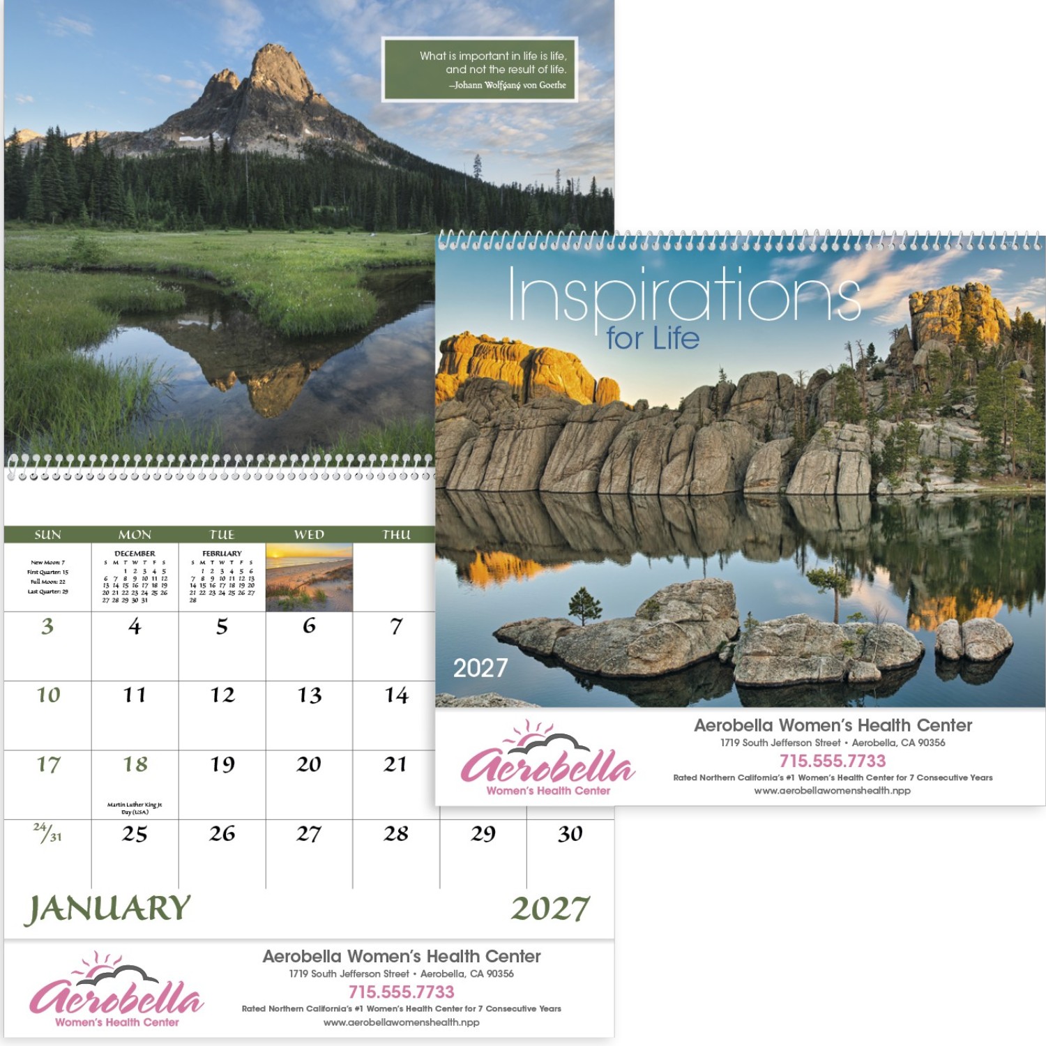 Inspirations for Life Spiral Calendar featuring inspirational photography and uplifting quotes, glossy spiral-bound pages with monthly calendar grids, designed as a wall calendar for home, office, and scheduling.
