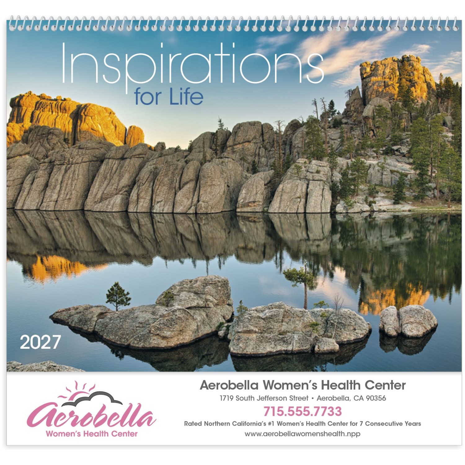 Inspirations for Life Spiral Calendar featuring inspirational photography and uplifting quotes, glossy spiral-bound pages with monthly calendar grids, designed as a wall calendar for home, office, and scheduling.
