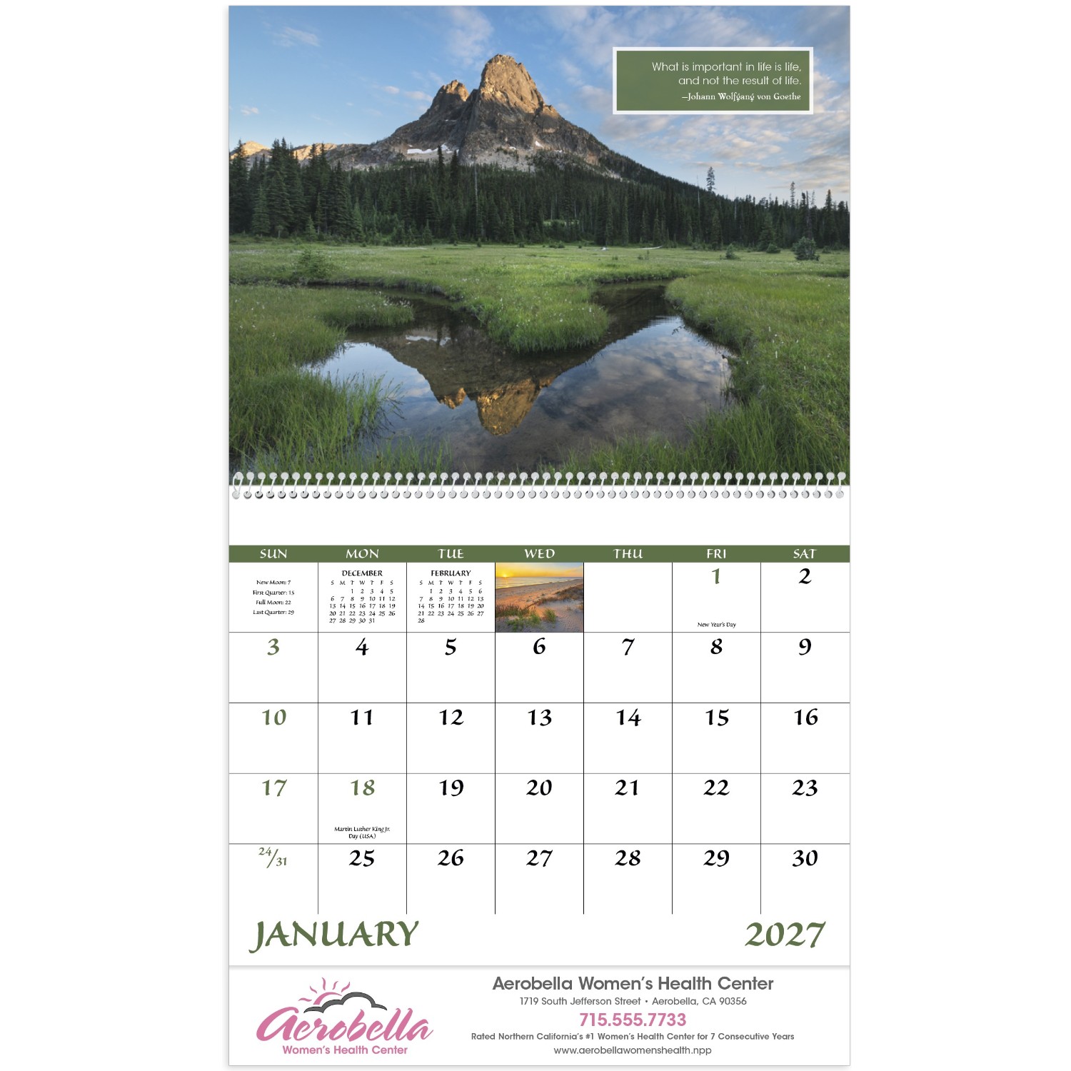 Inspirations for Life Spiral Calendar featuring inspirational photography and uplifting quotes, glossy spiral-bound pages with monthly calendar grids, designed as a wall calendar for home, office, and scheduling.