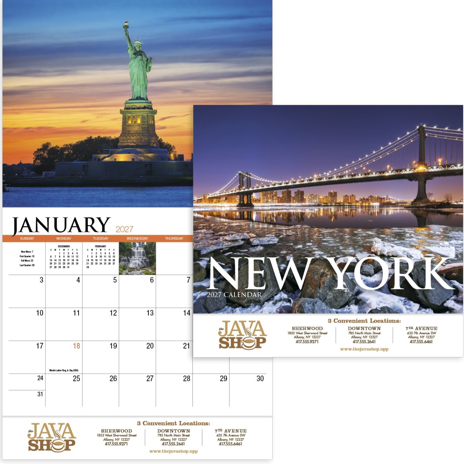 New York Stapled Calendar featuring photographs of New York landmarks, city skylines, and scenic landscapes, glossy paper pages with a stapled binding, monthly calendar grids, and a wall calendar design for home, office, and scheduling.
