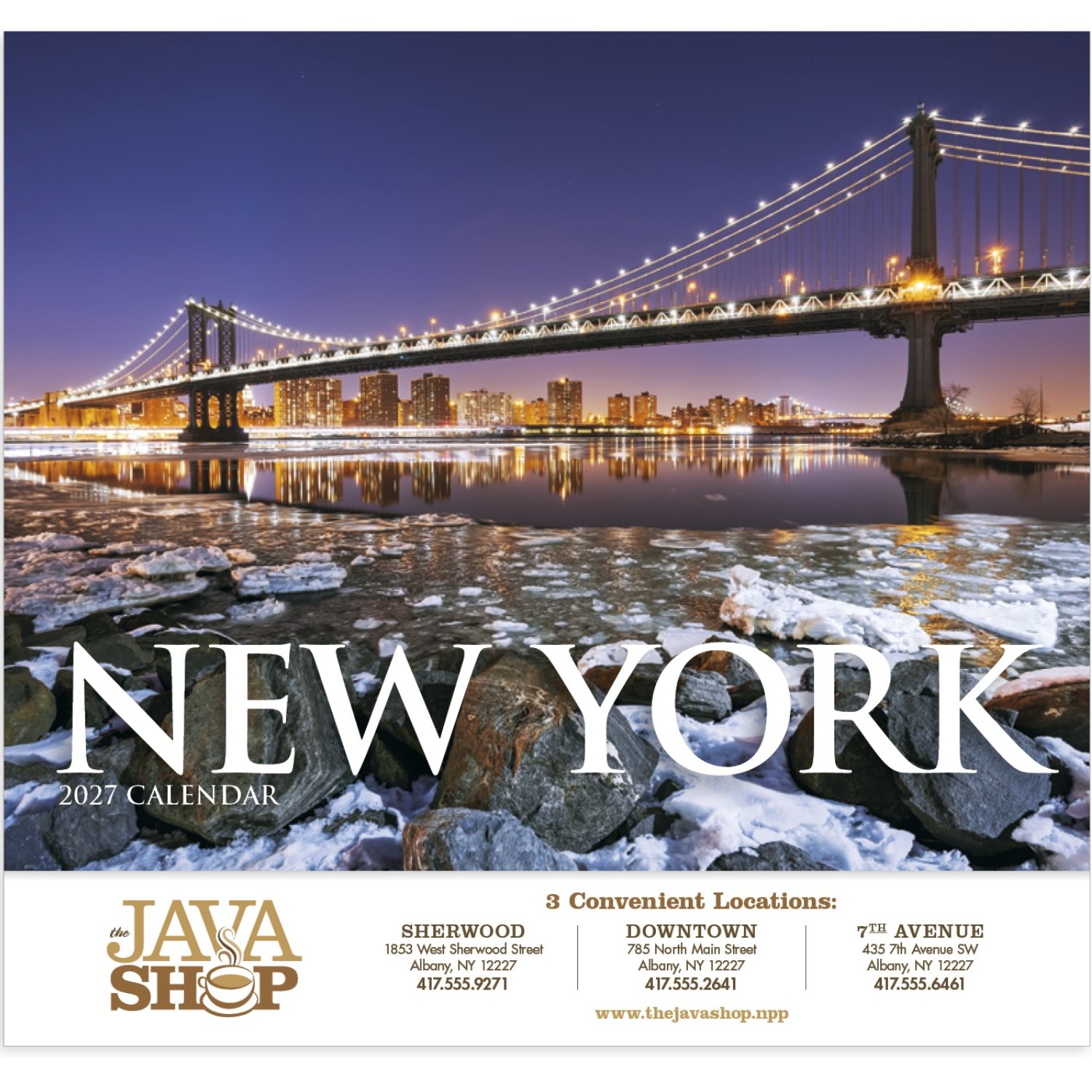 New York Stapled Calendar featuring photographs of New York landmarks, city skylines, and scenic landscapes, glossy paper pages with a stapled binding, monthly calendar grids, and a wall calendar design for home, office, and scheduling.