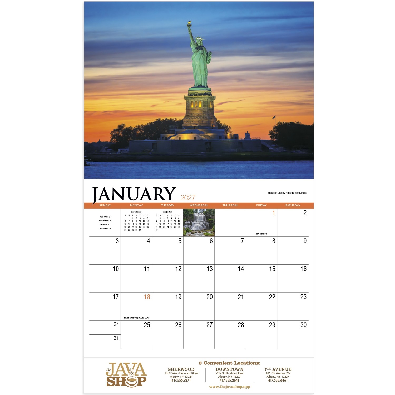New York Stapled Calendar featuring photographs of New York landmarks, city skylines, and scenic landscapes, glossy paper pages with a stapled binding, monthly calendar grids, and a wall calendar design for home, office, and scheduling.